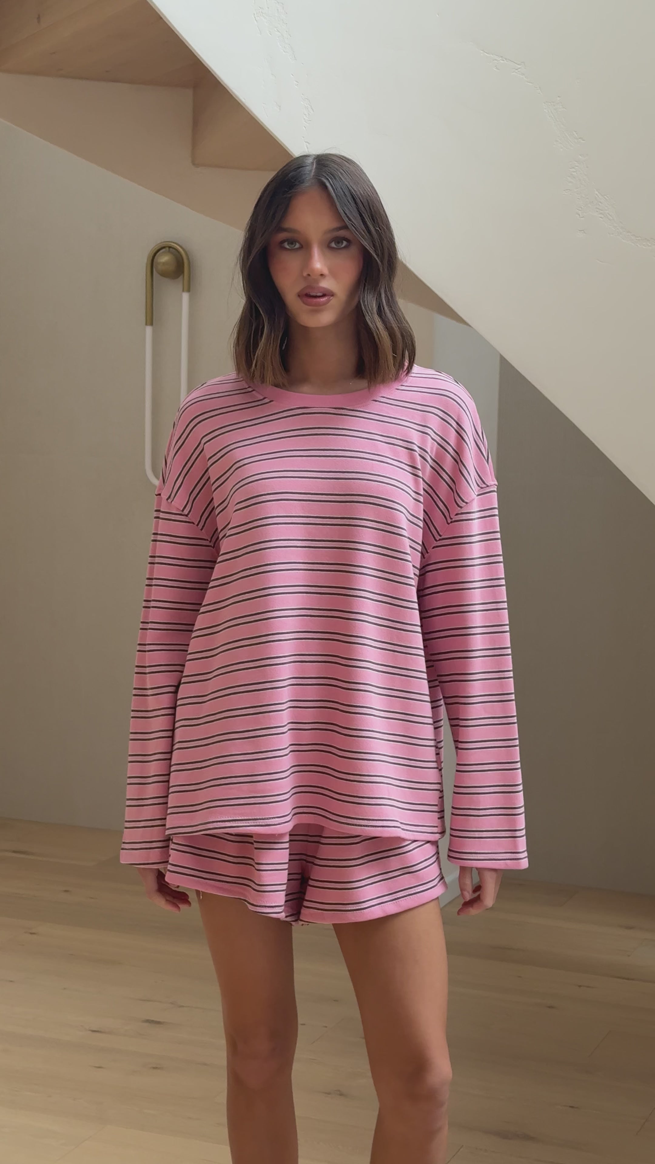 Load video: Everly Top And Shorts Set - Pink/Choc Stripe - Billy J