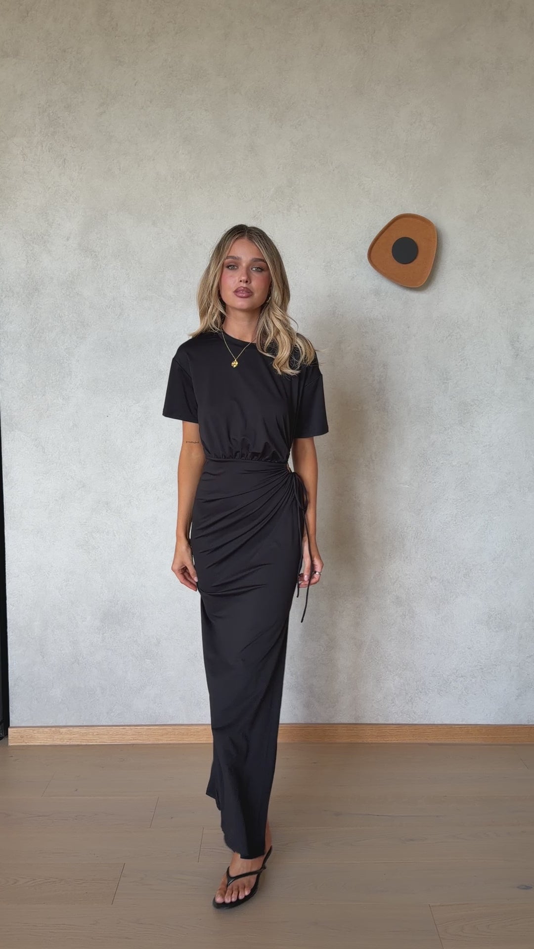 Load video: Doja Short Sleeve Tie Waist Maxi Dress - Black - Billy J
