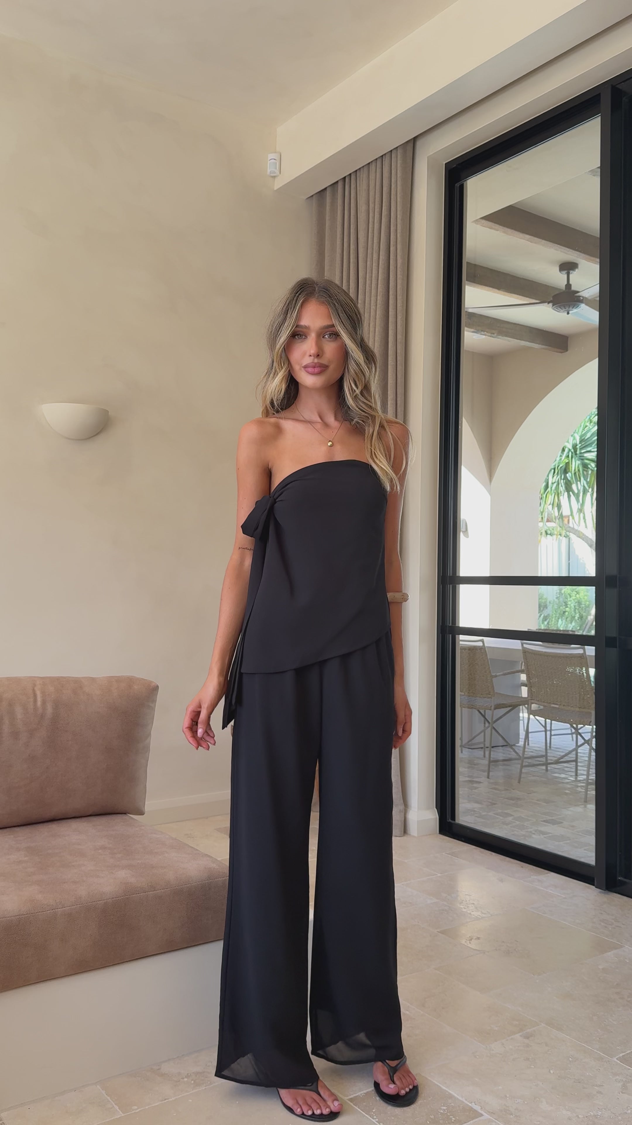 Load video: Zabrina Semi Sheer Strapless Top and Pants Set - Black - Billy J