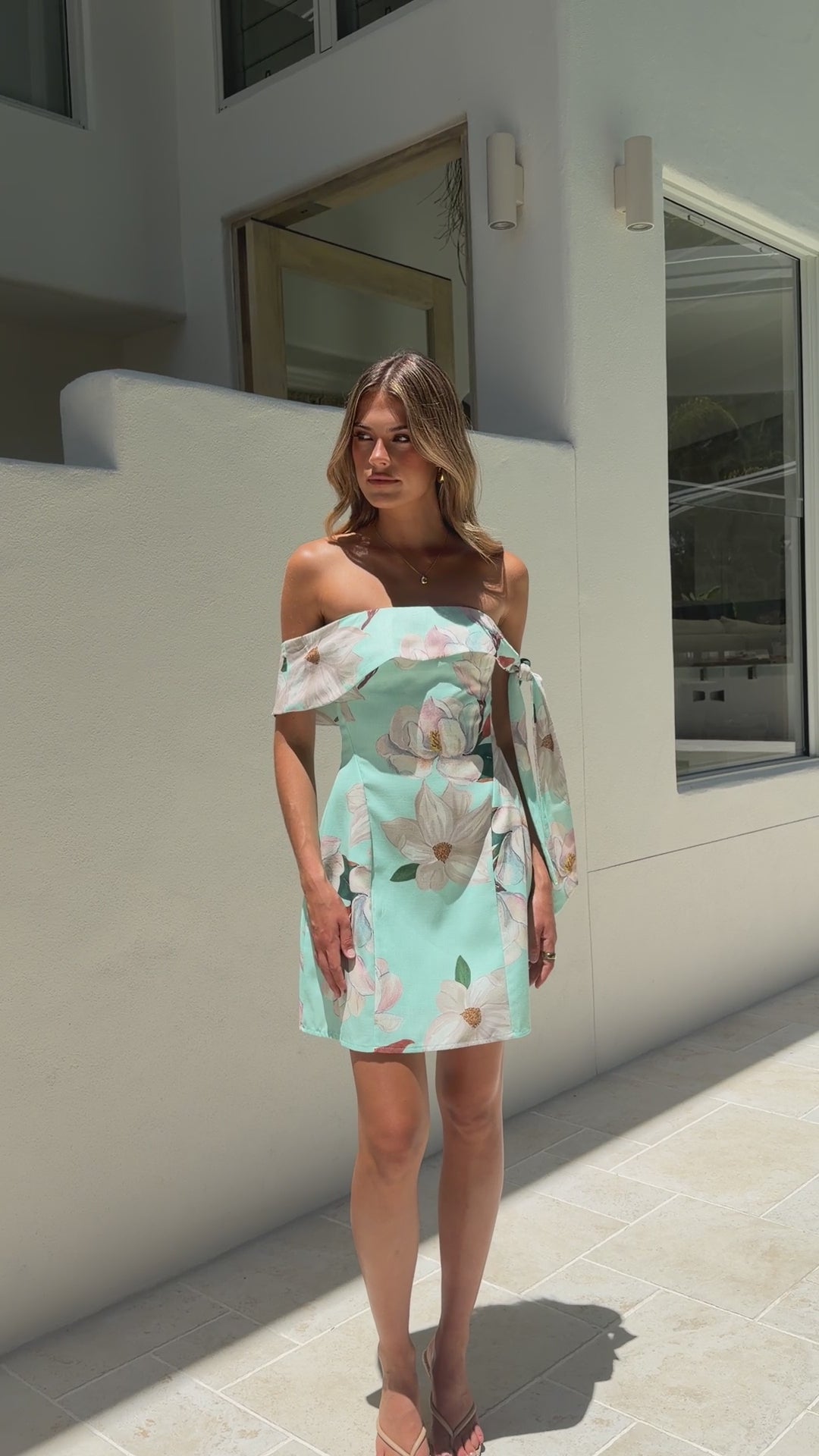 Load video: Halen Off Shoulder Mini Dress - Aqua/White Floral - Billy J