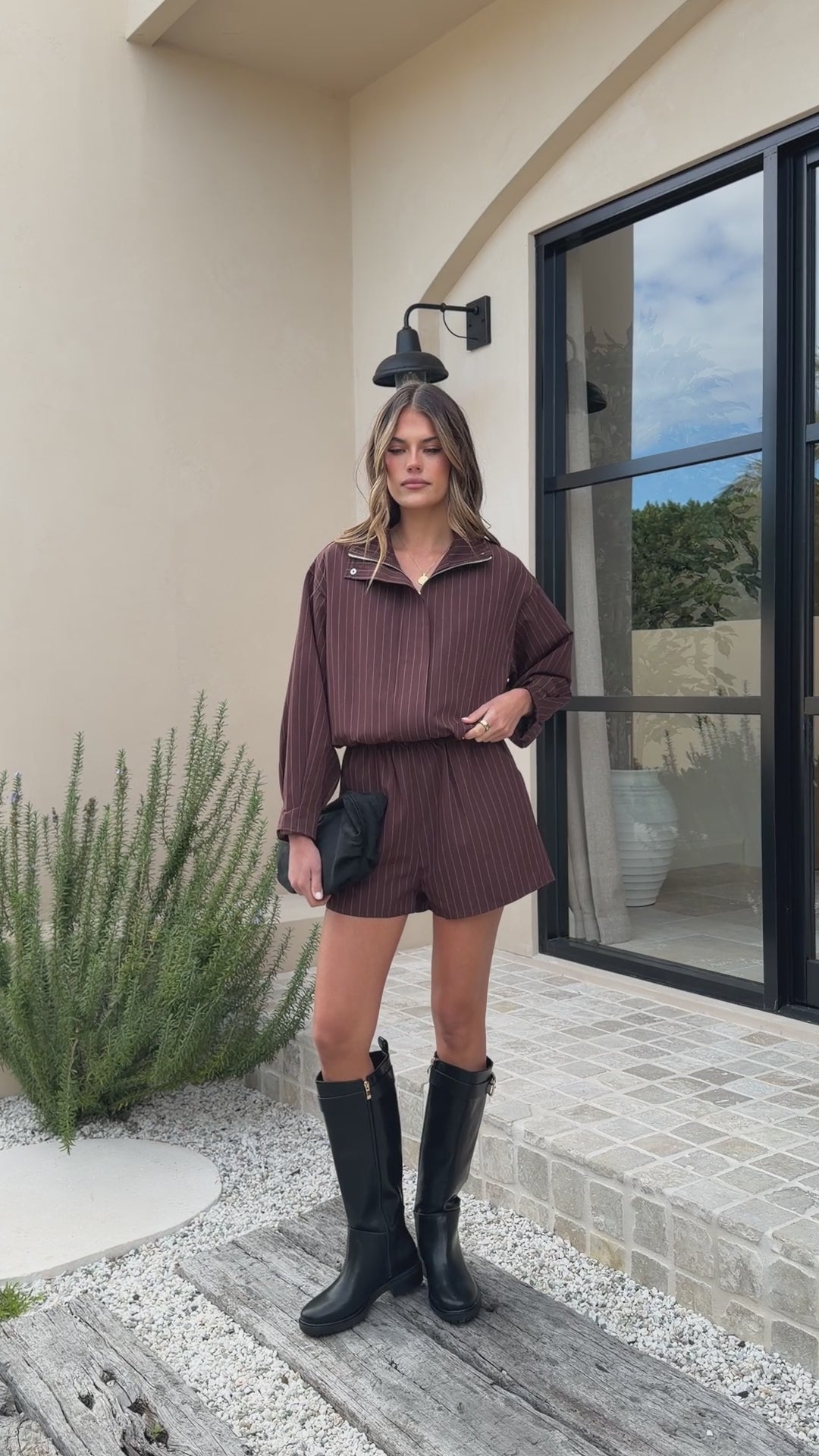 Load video: Ivana Funnel Neck Jacket &amp; Shorts Set - Brown Pinstripe - Billy J