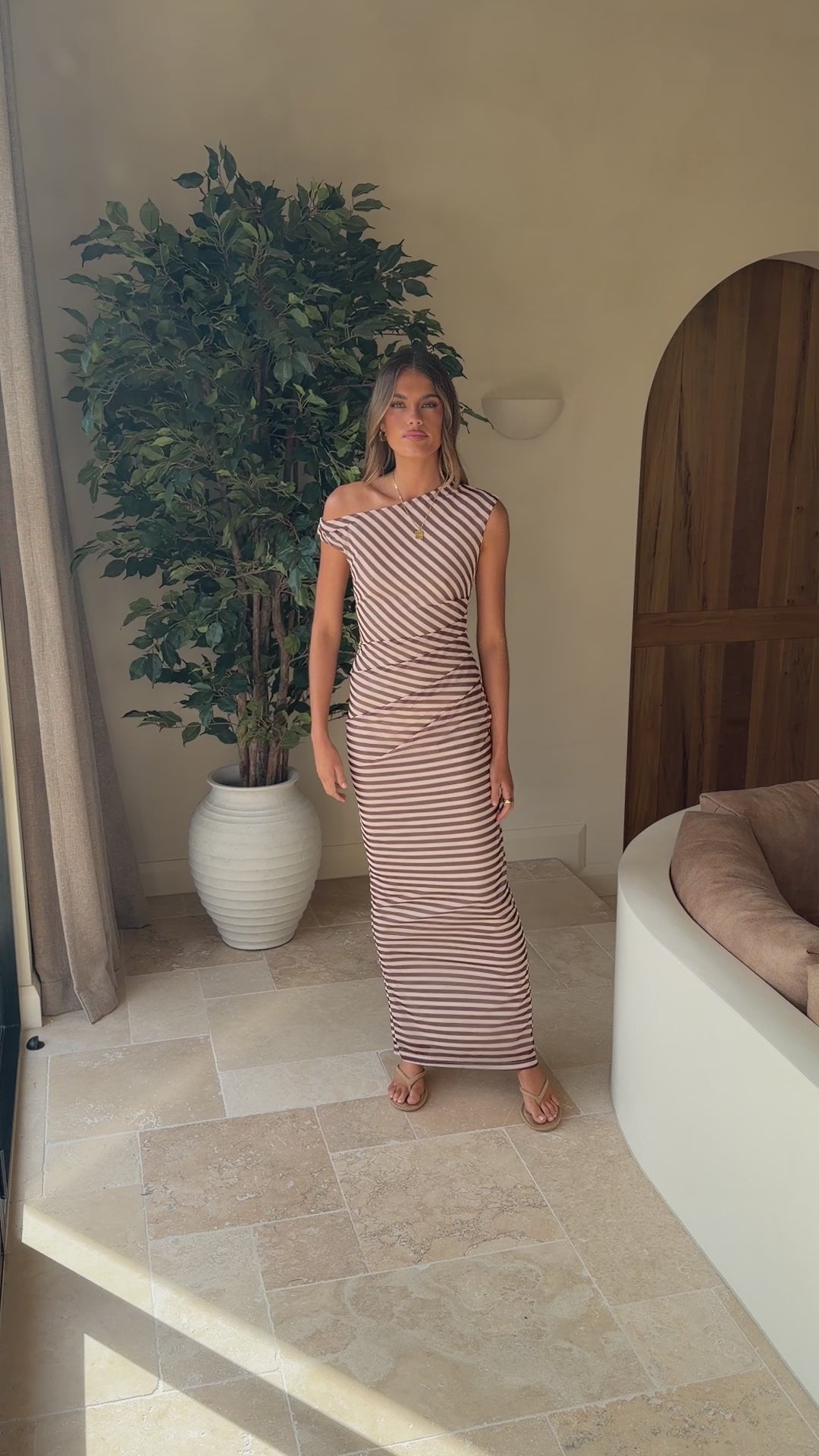 Load video: Lilani Maxi Dress - Brown Stripe - Billy J