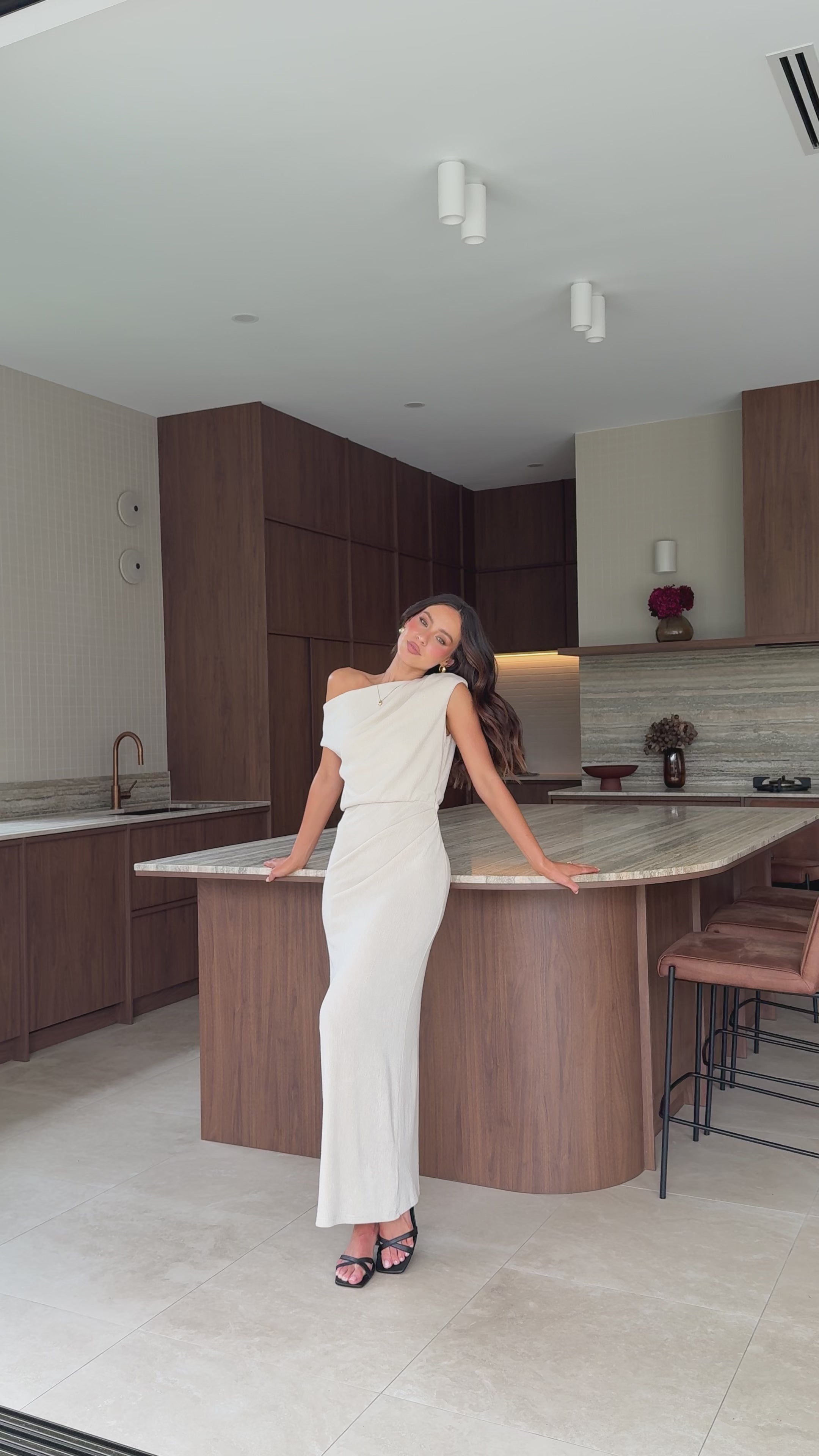 Load video: Helana Off Shoulder Maxi Dress - Oat - Billy J