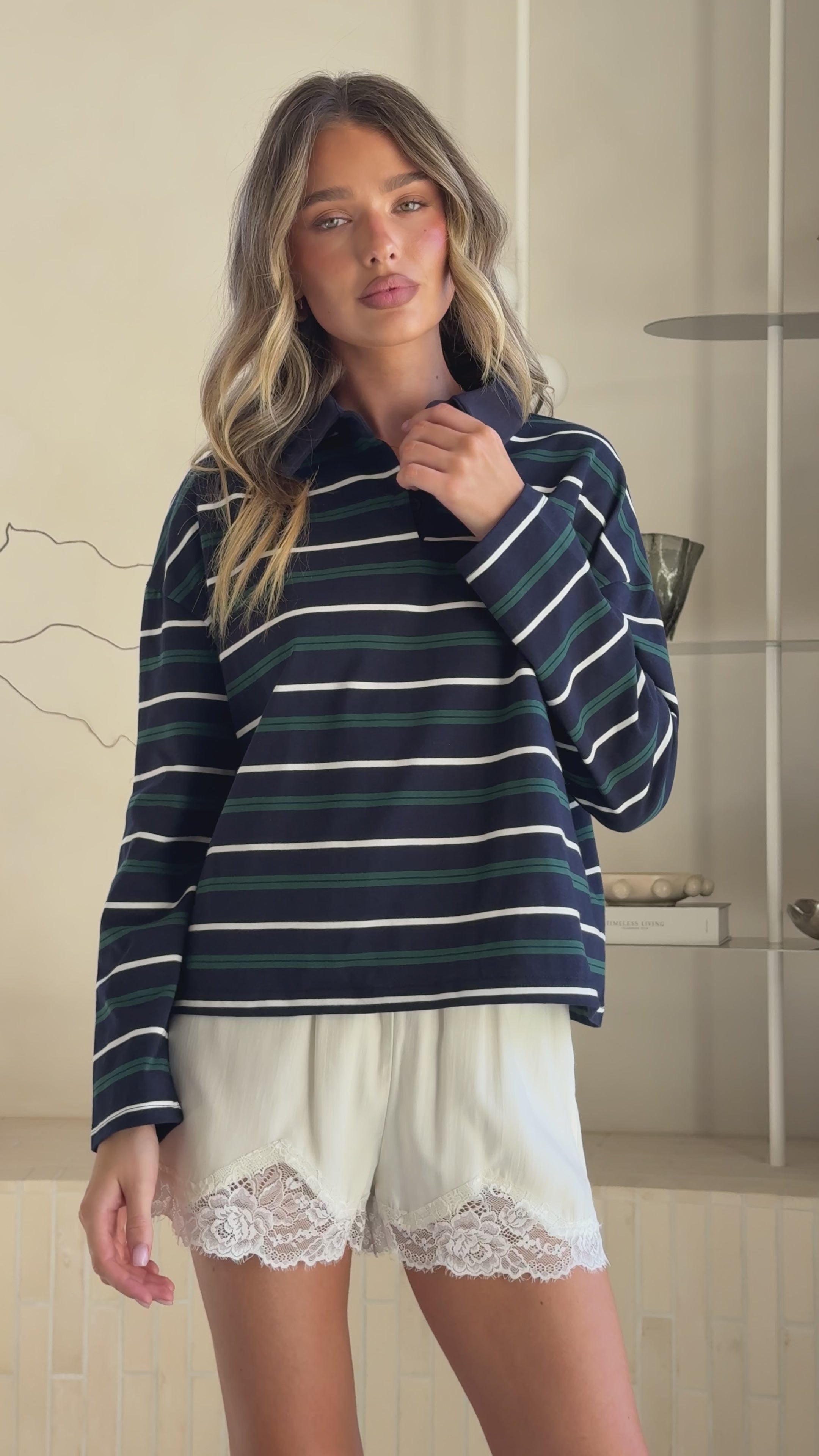 Load video: Isha Collared Long Sleeve Top - Navy Stripe - Billy J