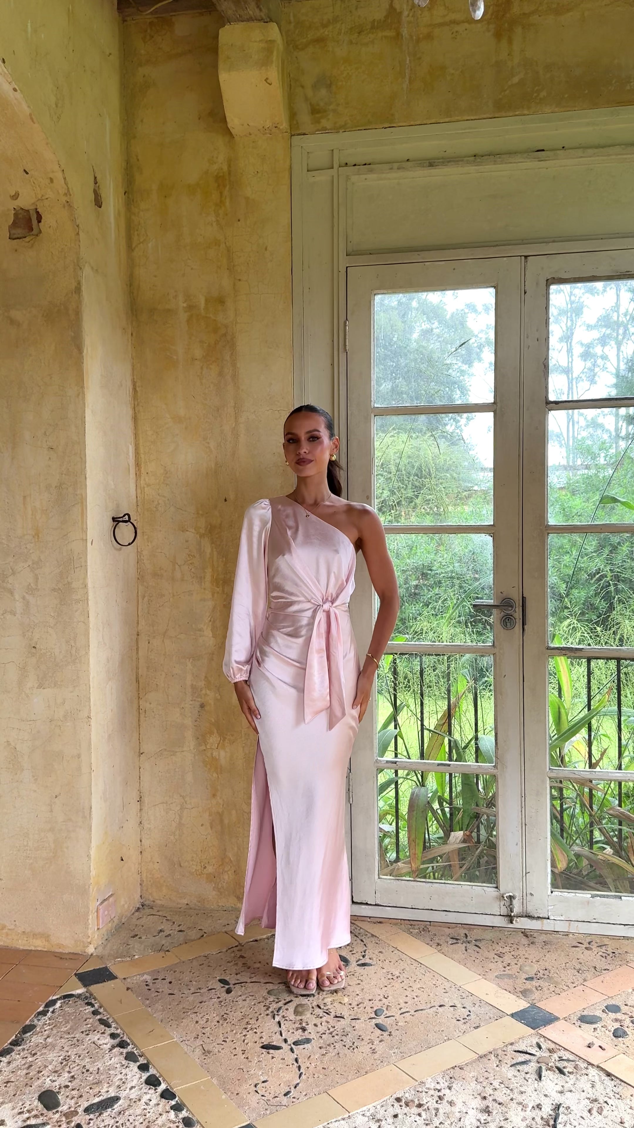 Load video: Eden One Shoulder Tie Front Maxi Dress - Pink - Billy J