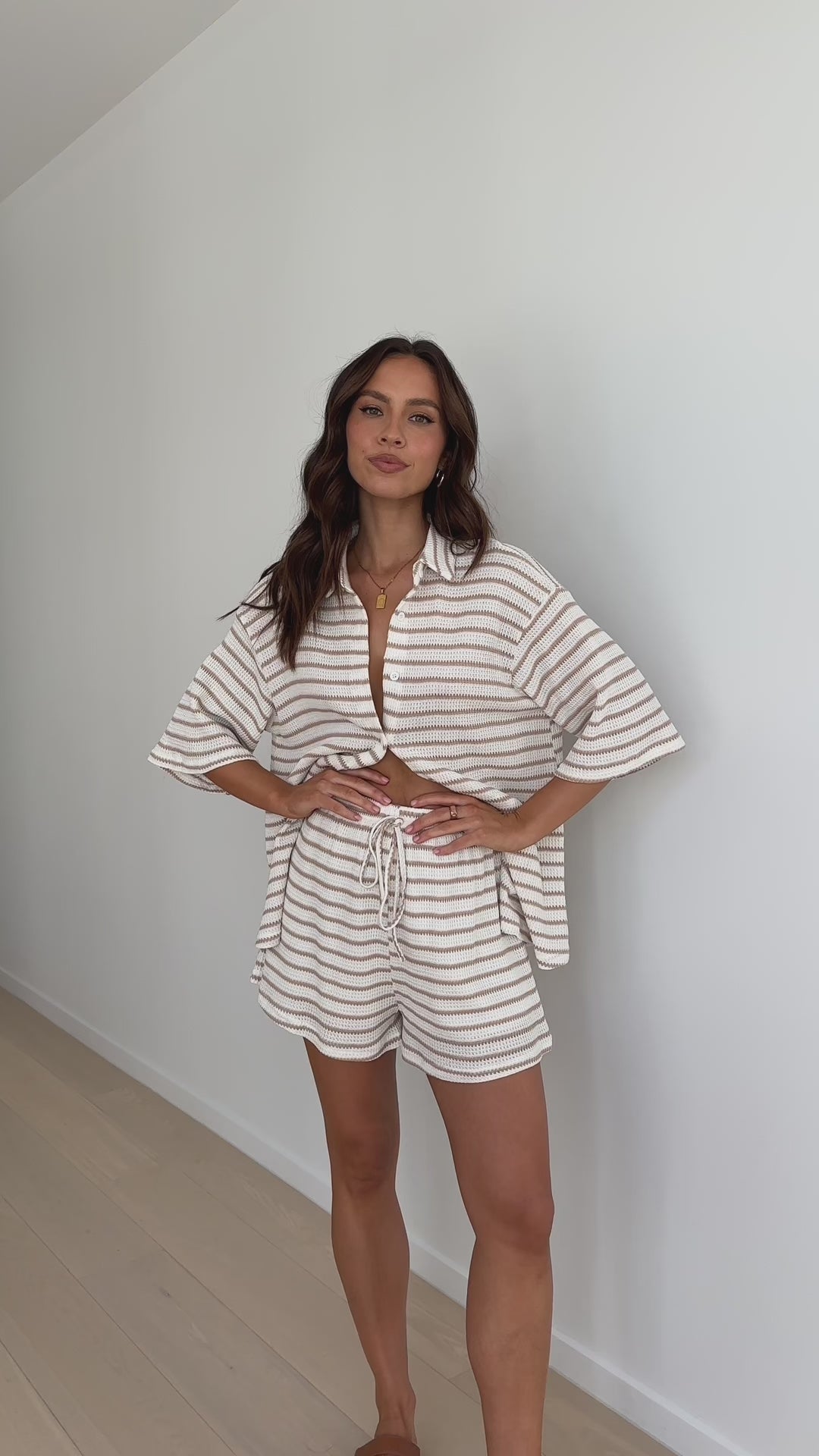 Load video: Lacole Button Up Shirt and Shorts Set - White / Beige Stripe - Billy J