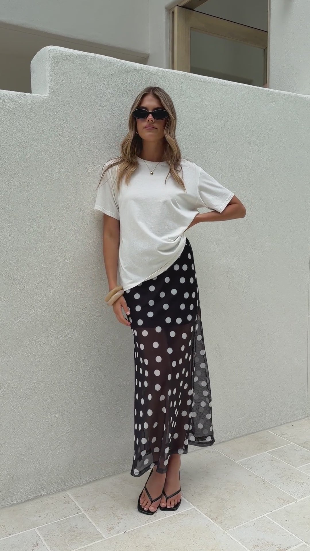 Load video: Onella Semi Sheer Maxi Skirt - Black/White Polka Dot - Billy J