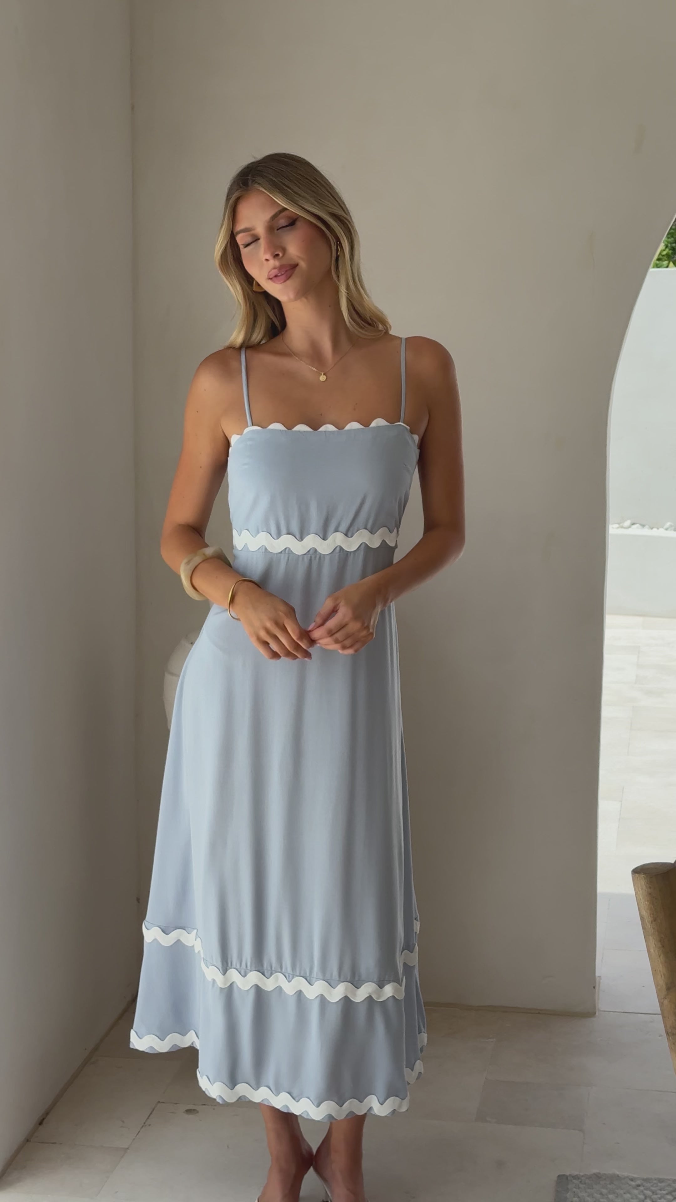 Load video: Seraphina Midi Dress - Blue/White - Billy J