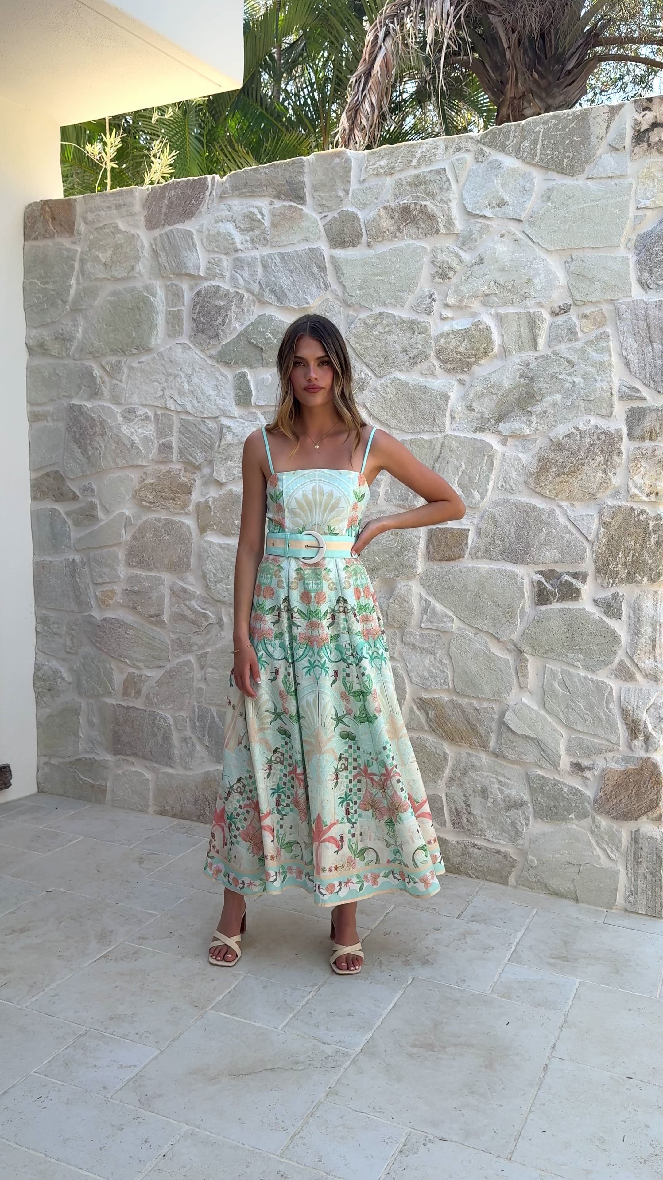 Load video: Nellie Midi Dress - Aqua Aurora Print - Billy J