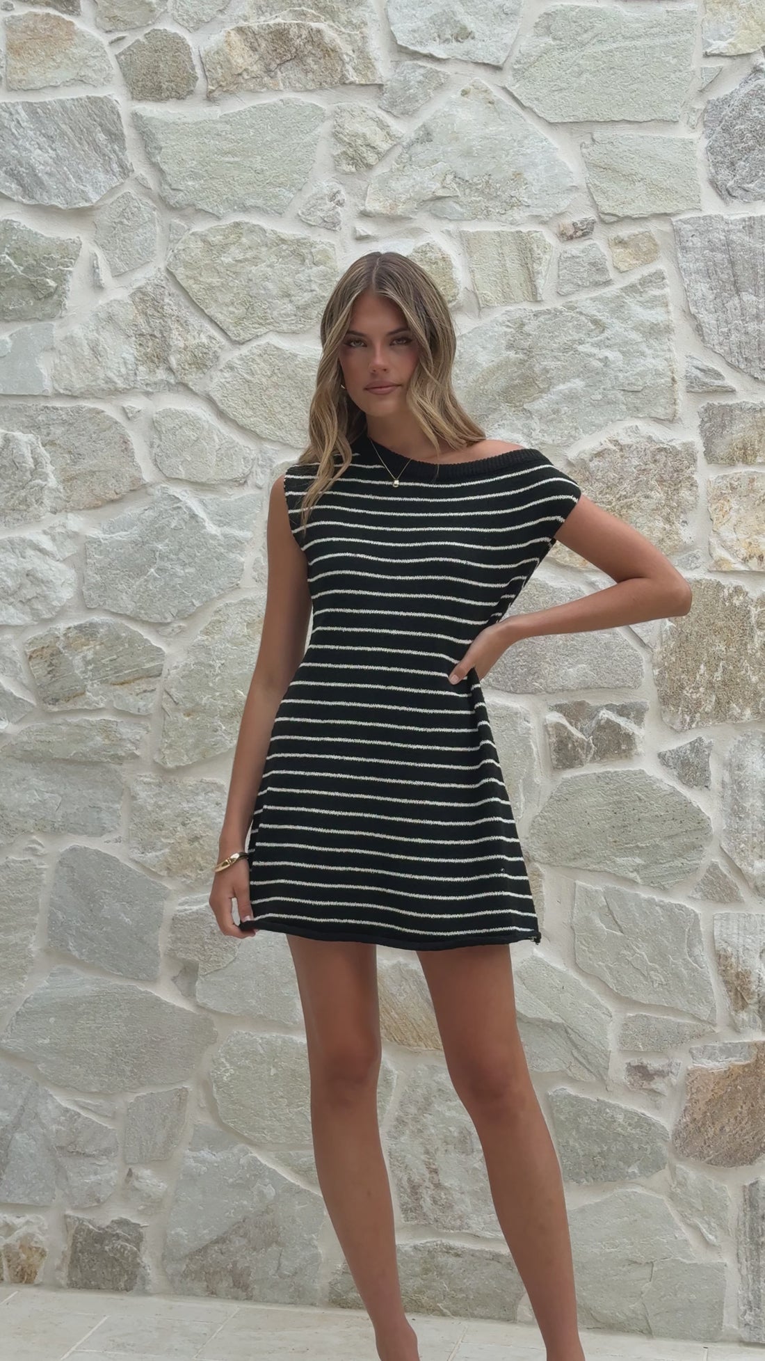 Robin Off Shoulder Mini Dress - Black/White Stripe - Billy J