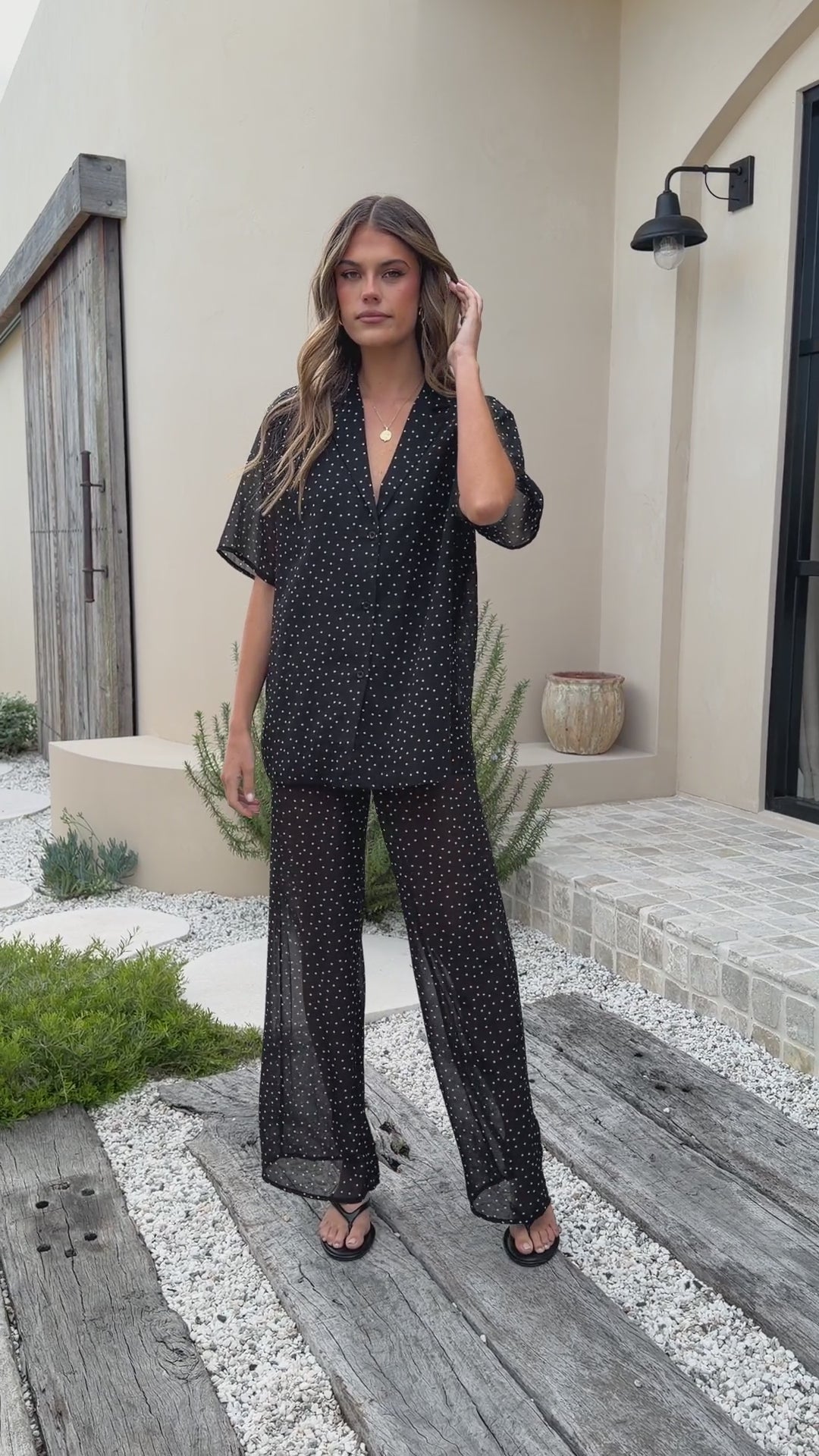 Ashleigh Sheer Shirt and Pants Set - Black Polka - Billy J