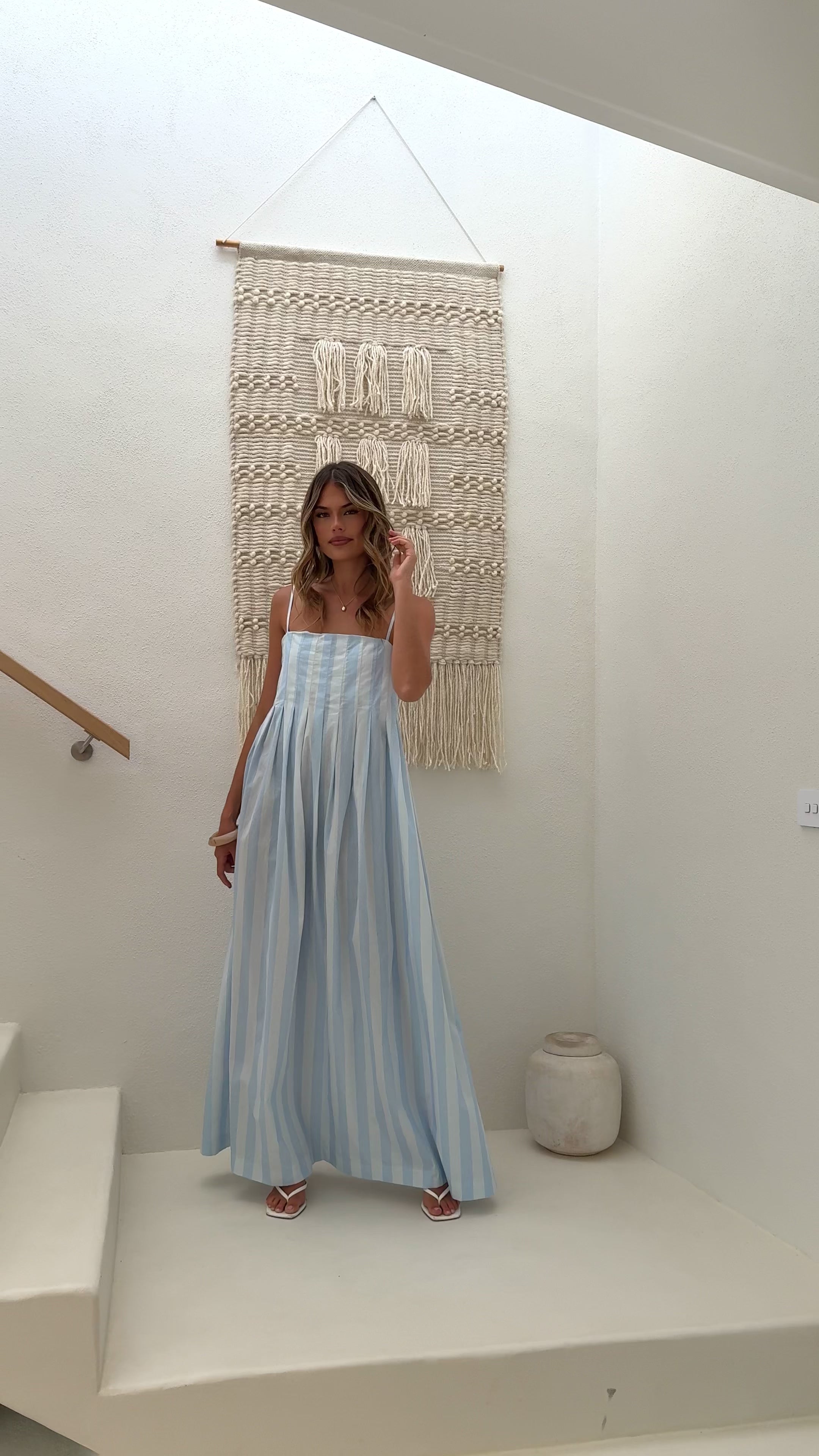 Load video: Pippa Maxi Dress - Blue Stripe - Billy J