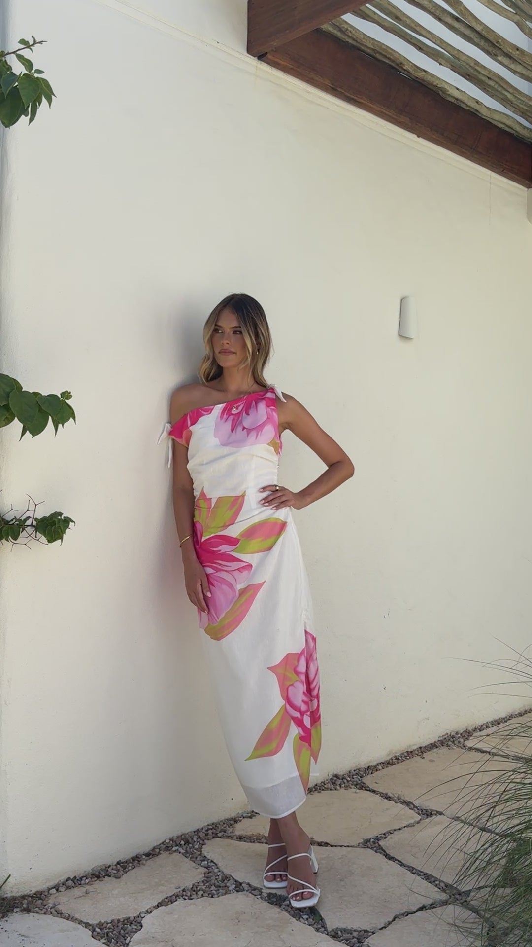 Maisy Shoulder Tie Midi Dress - Pink Green - Billy J