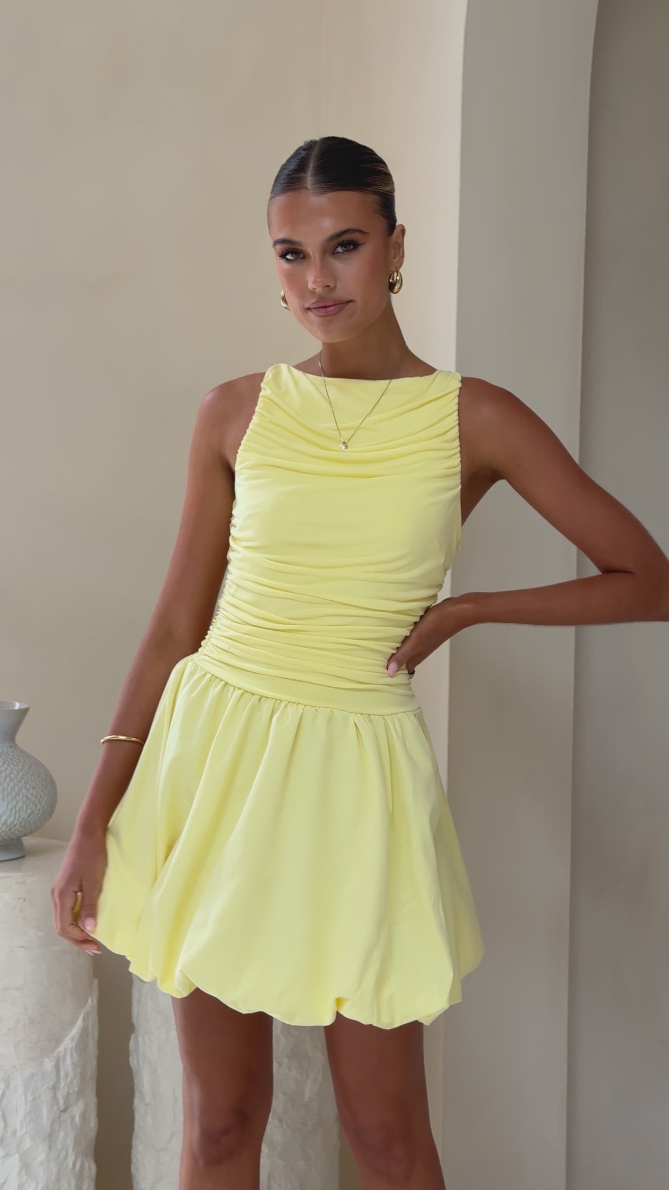 Load video: Meera Boat Neck Mini Dress - Lemon - Billy J