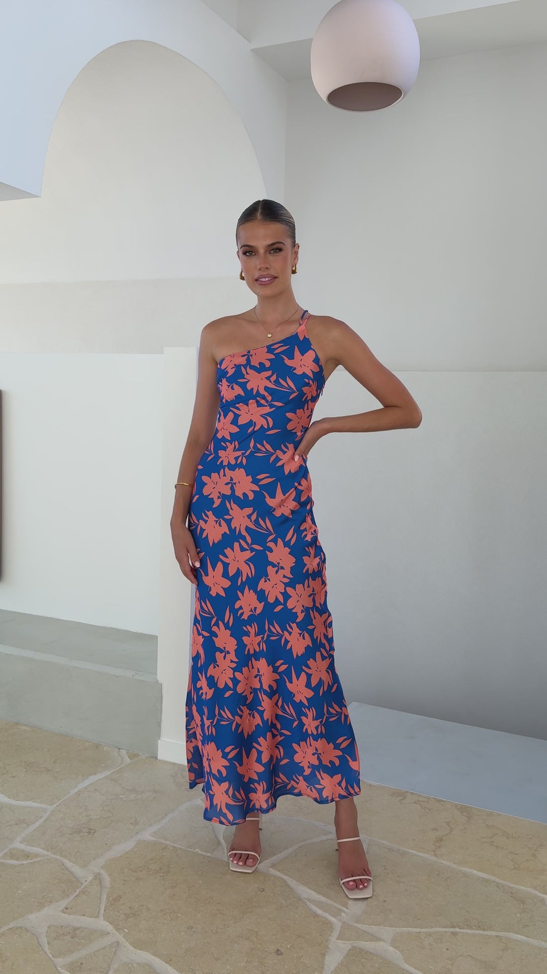 Verity One Shoulder Maxi Dress - Orange/Blue Floral - Billy J