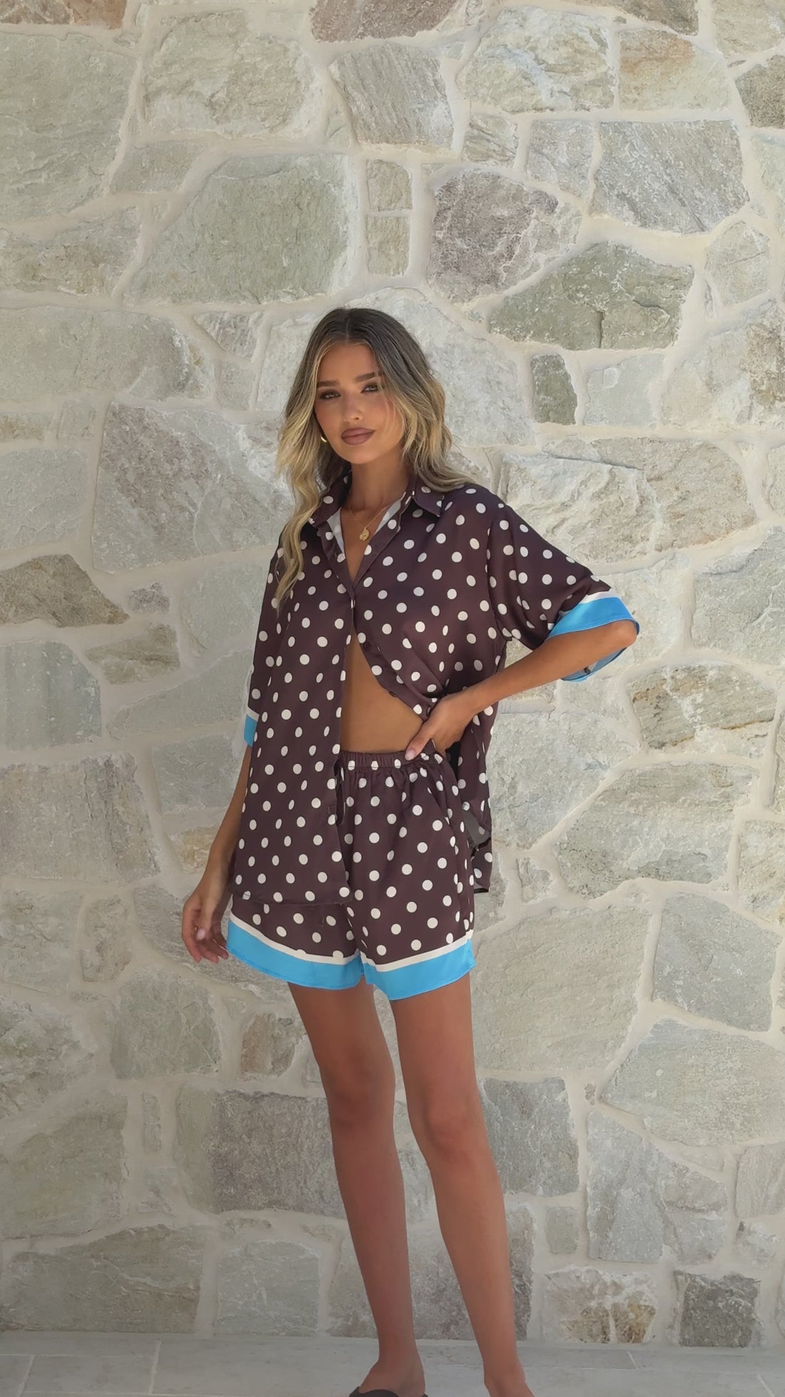 Ravenna Button Up Shirt and Shorts Set - Brown Polka - Billy J