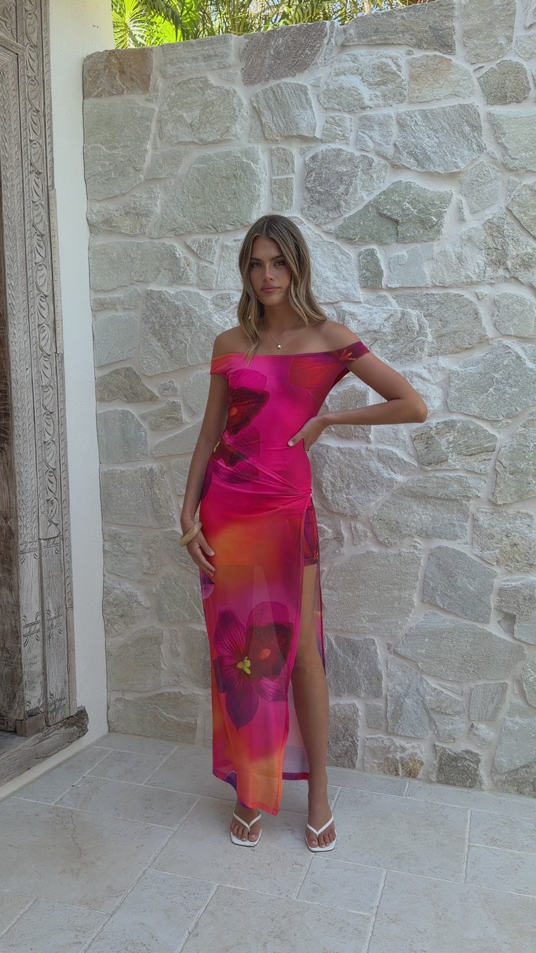 Load video: Verne Off Shoulder Maxi Dress - Pink Floral - Billy J