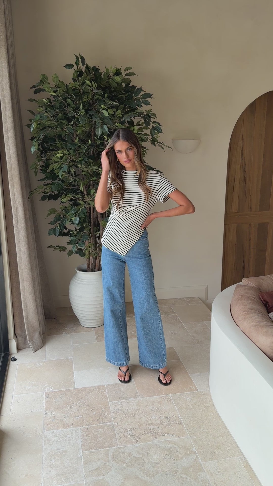 Load video: Tiarna Side Ruched Tee - Black/White Stripe - Billy J