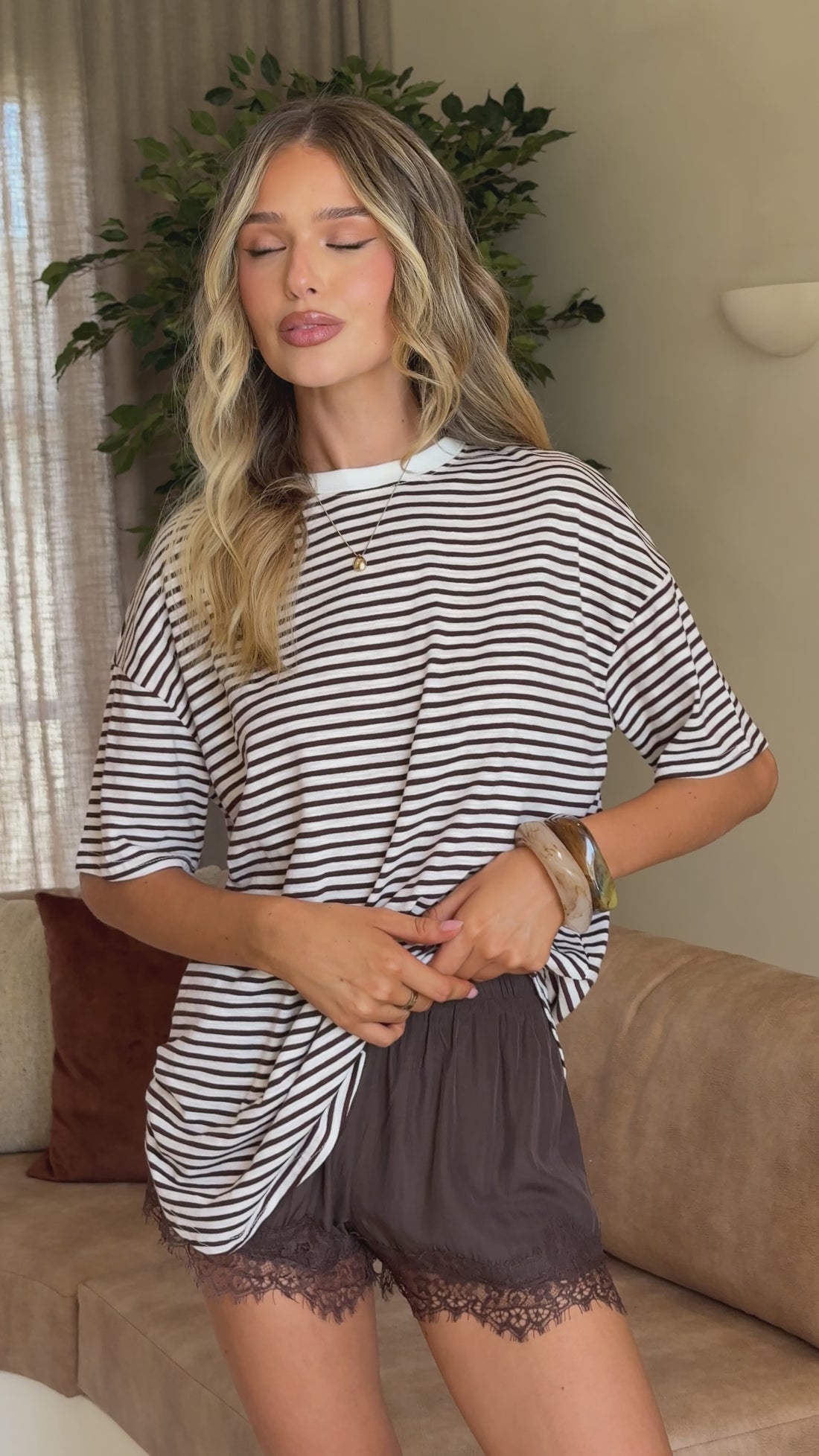 Zaina Stripe T-Shirt and Micro Lace Shorts - Chocolate/White - Billy J