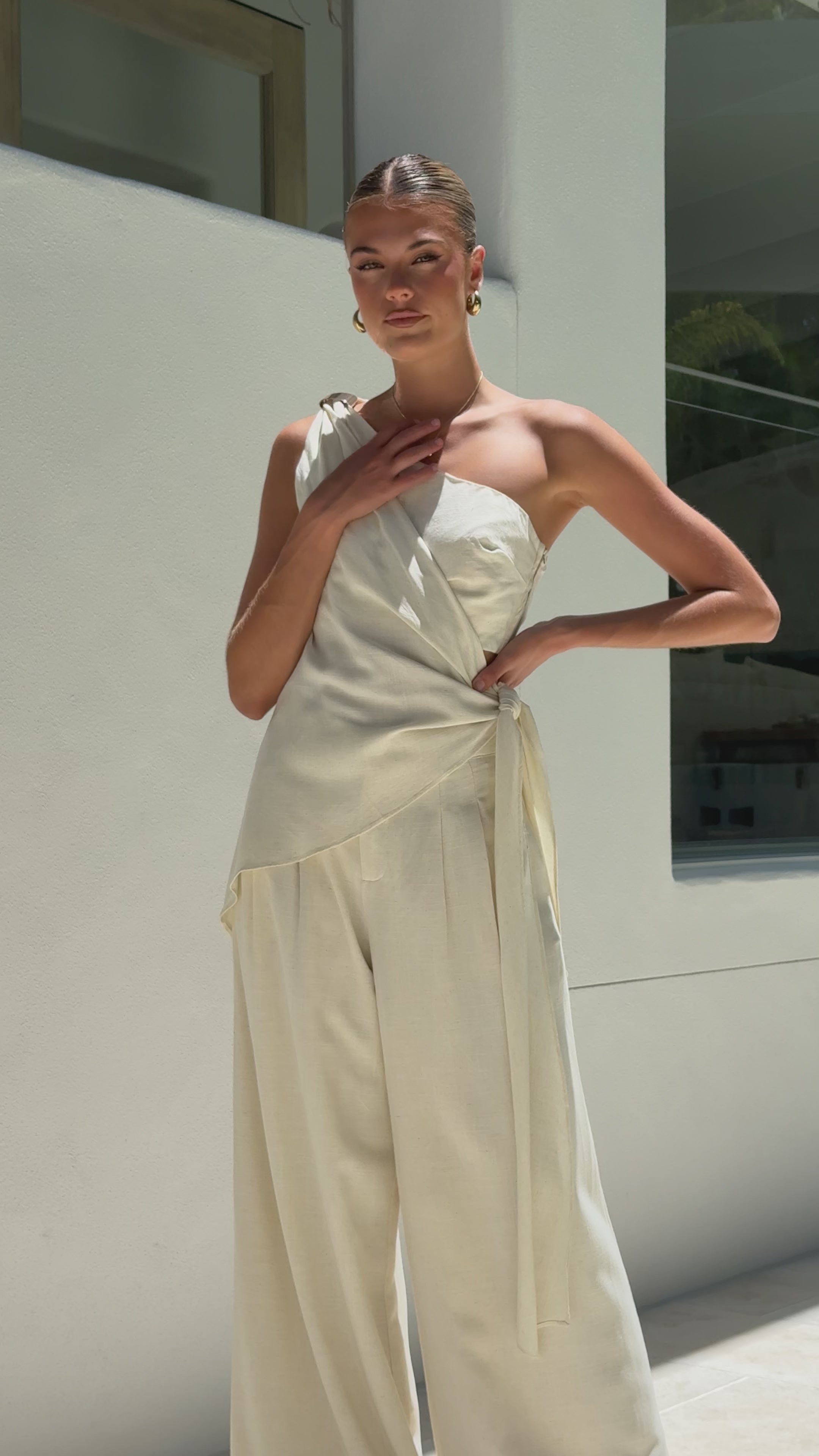 Load video: Leela One Shoulder Top and Pants Set - Beige - Billy J