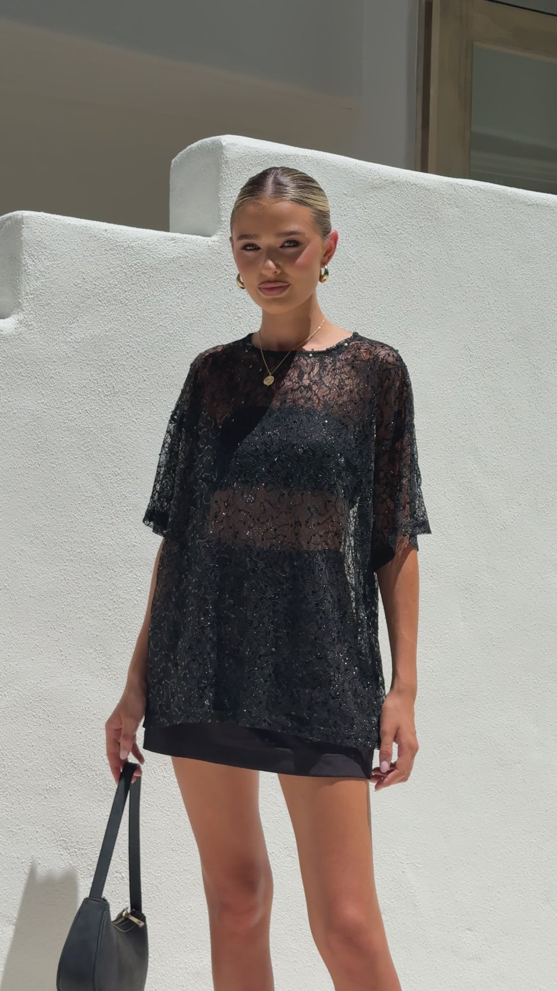 Zebia Sheer Sequin Lace Top - Black - Billy J