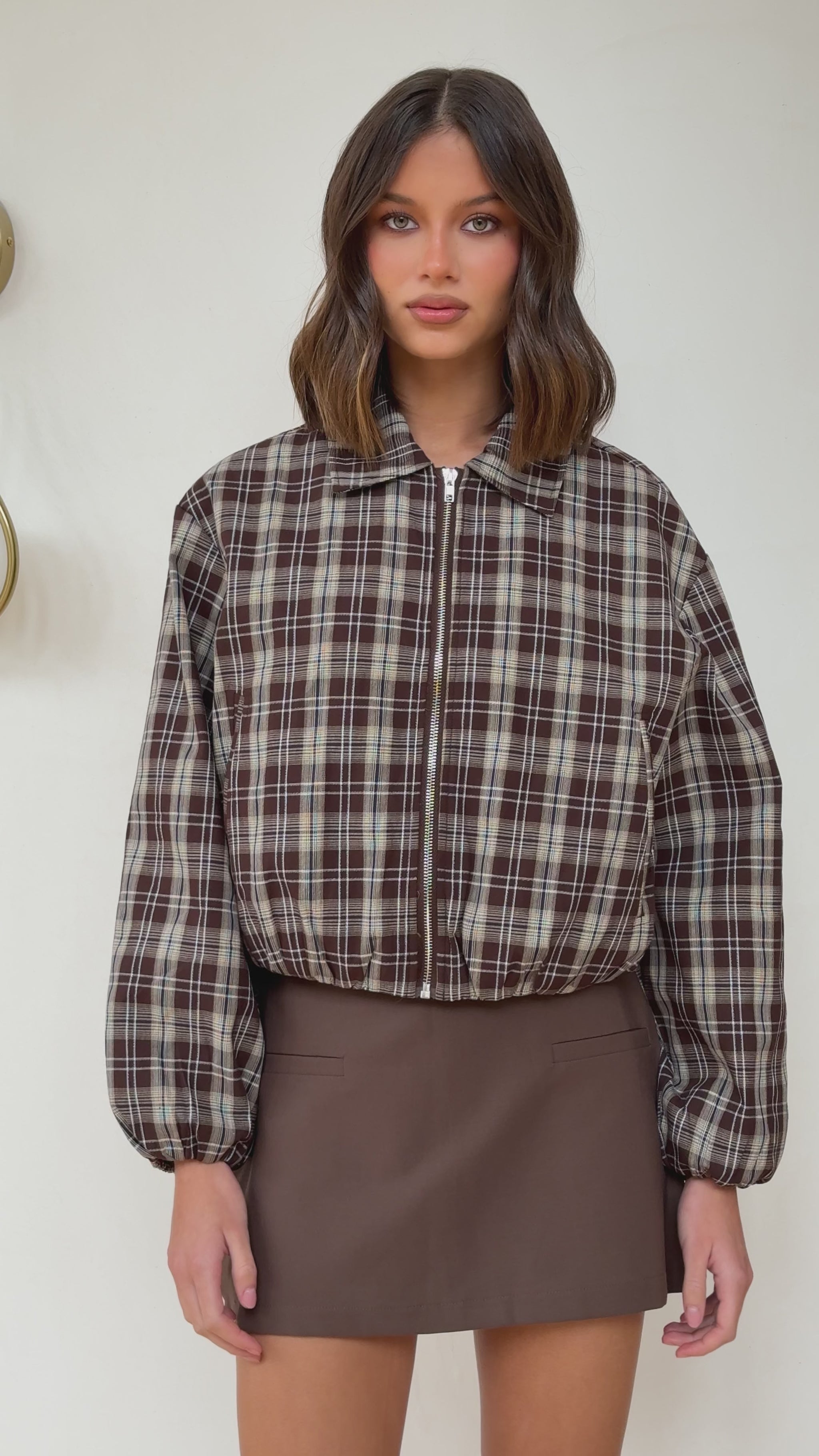 Brax Bomber Jacket - Choc/Beige Plaid - Billy J