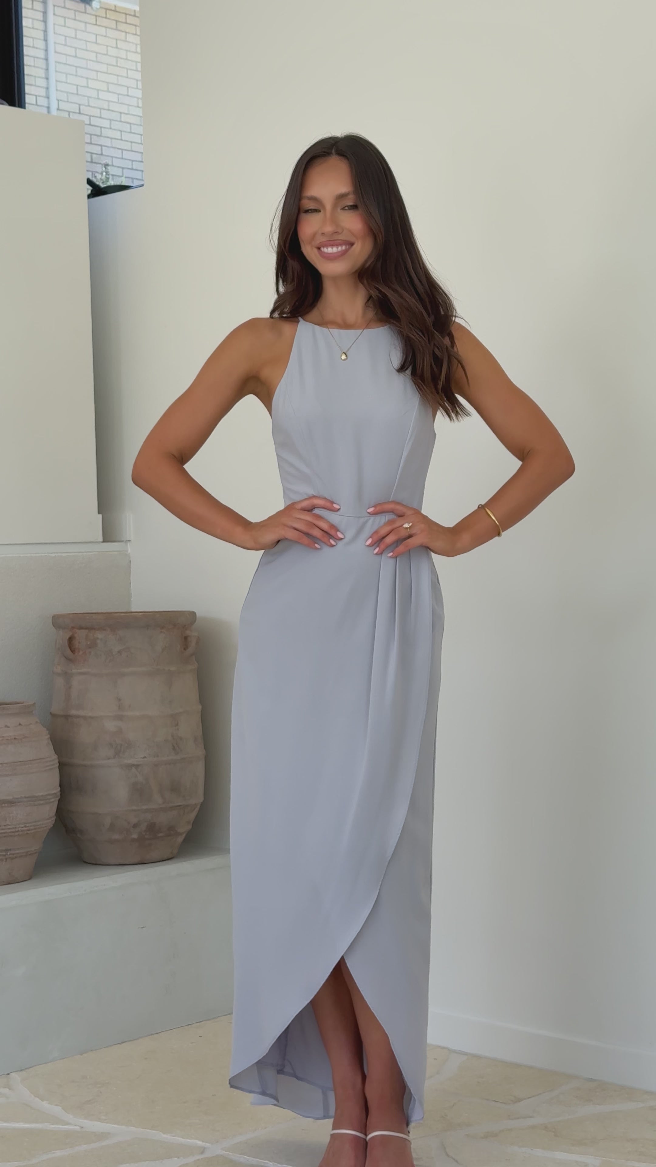 Load video: Genevieve Boat Neck Maxi Dress - Silver - Billy J