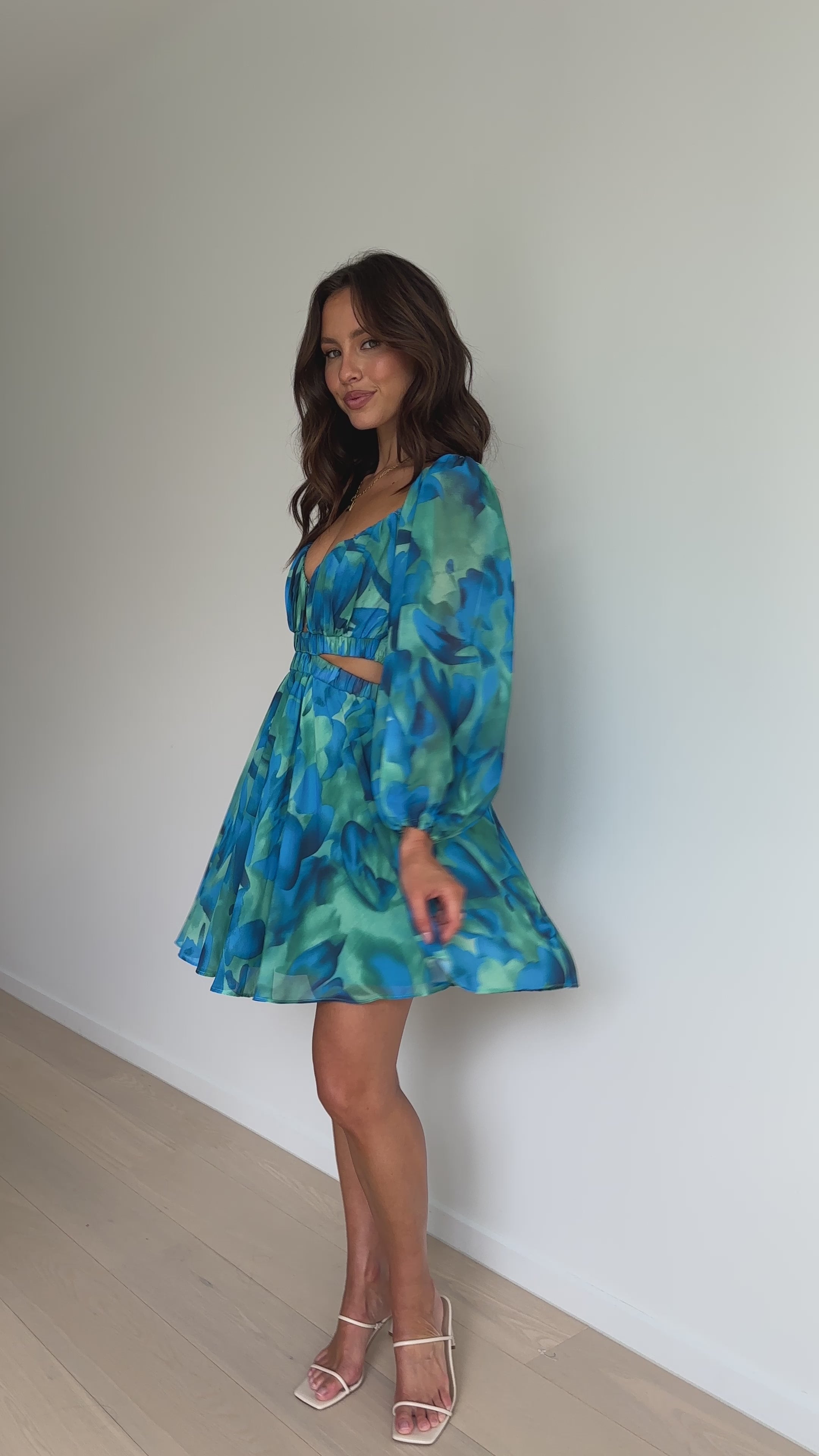Load video: Xarissa Mini Dress - Blue / Green Print - Billy J