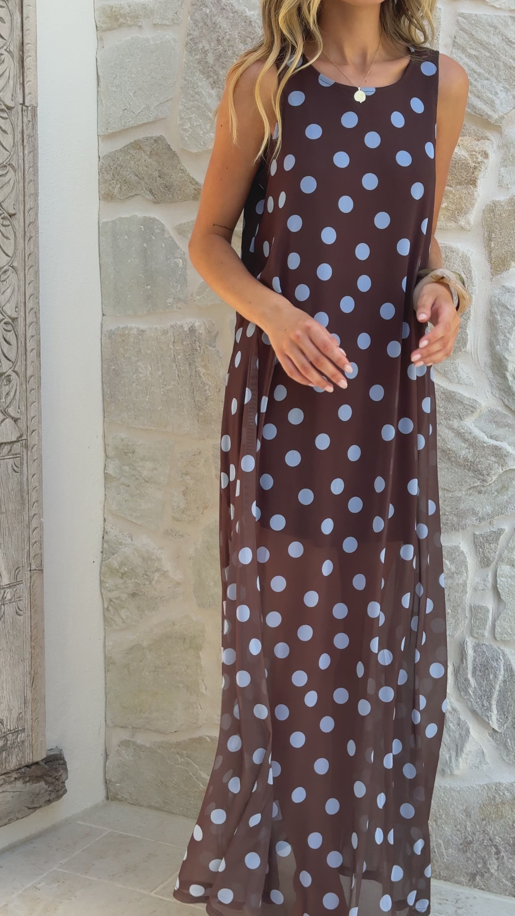 Load video: Amryn Maxi Dress - Choc/Blue Polka Dot - Billy J