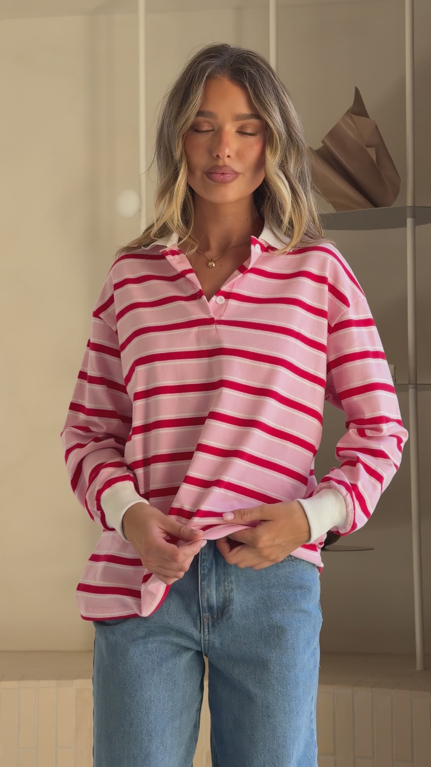 Jayana Collared Jersey Top - Red/Pink Stripe - Billy J
