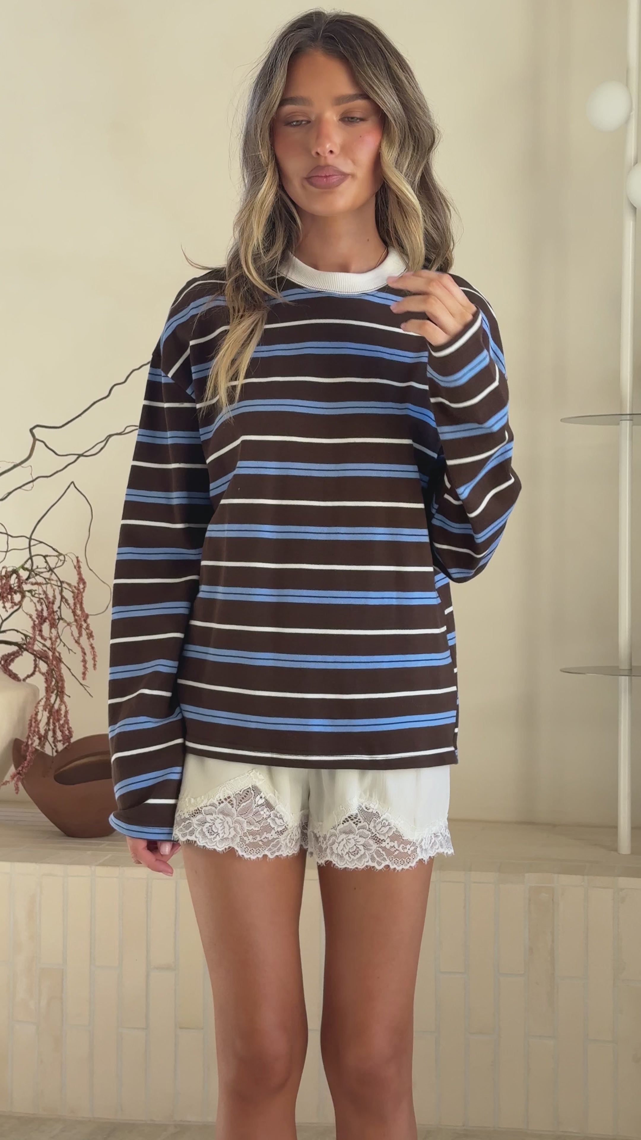Load video: Raya Long Sleeve Top - Blue/Brown Stripe - Billy J