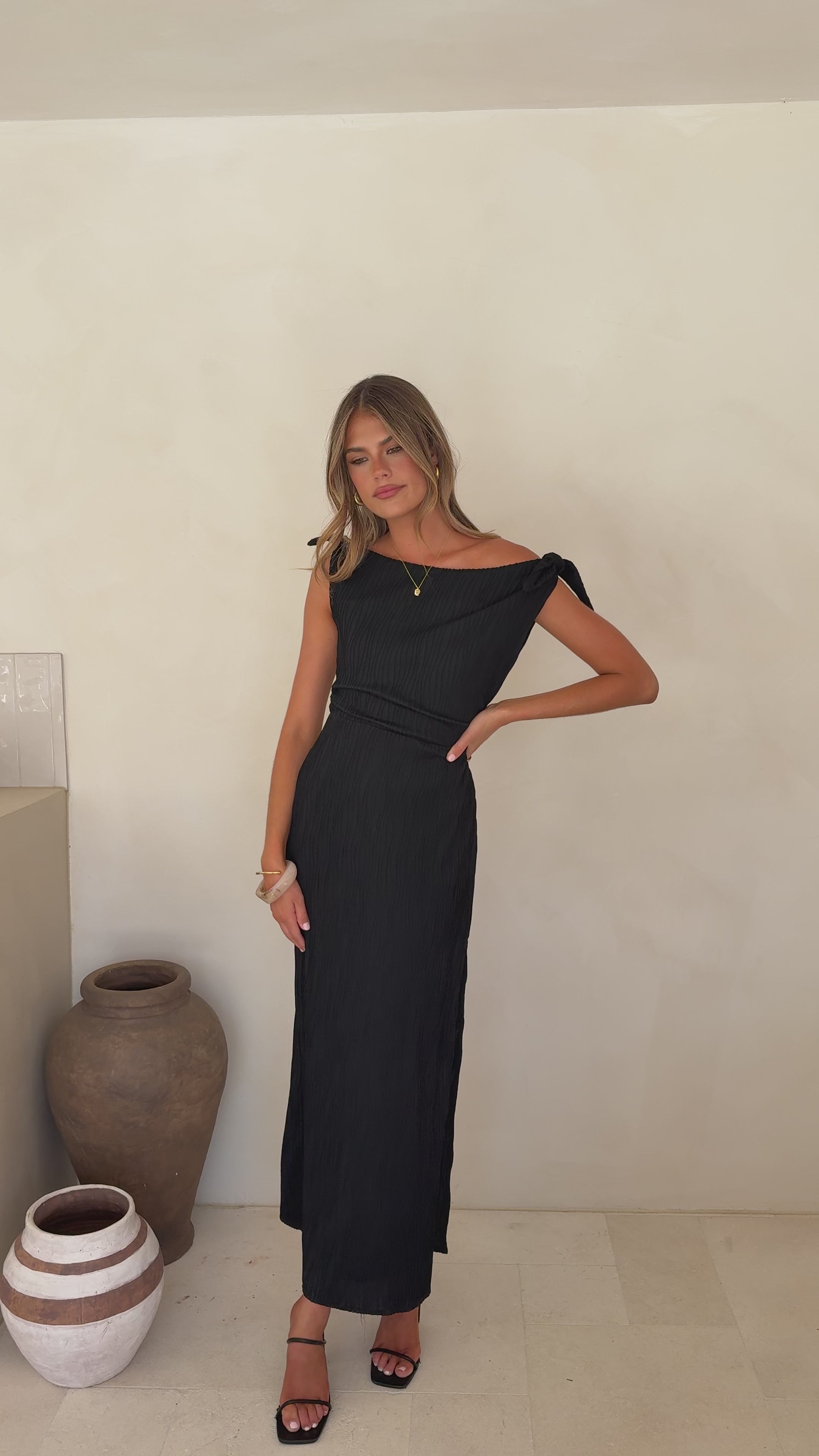 Load video: Simone Ribbed Maxi Dress - Black - Billy J