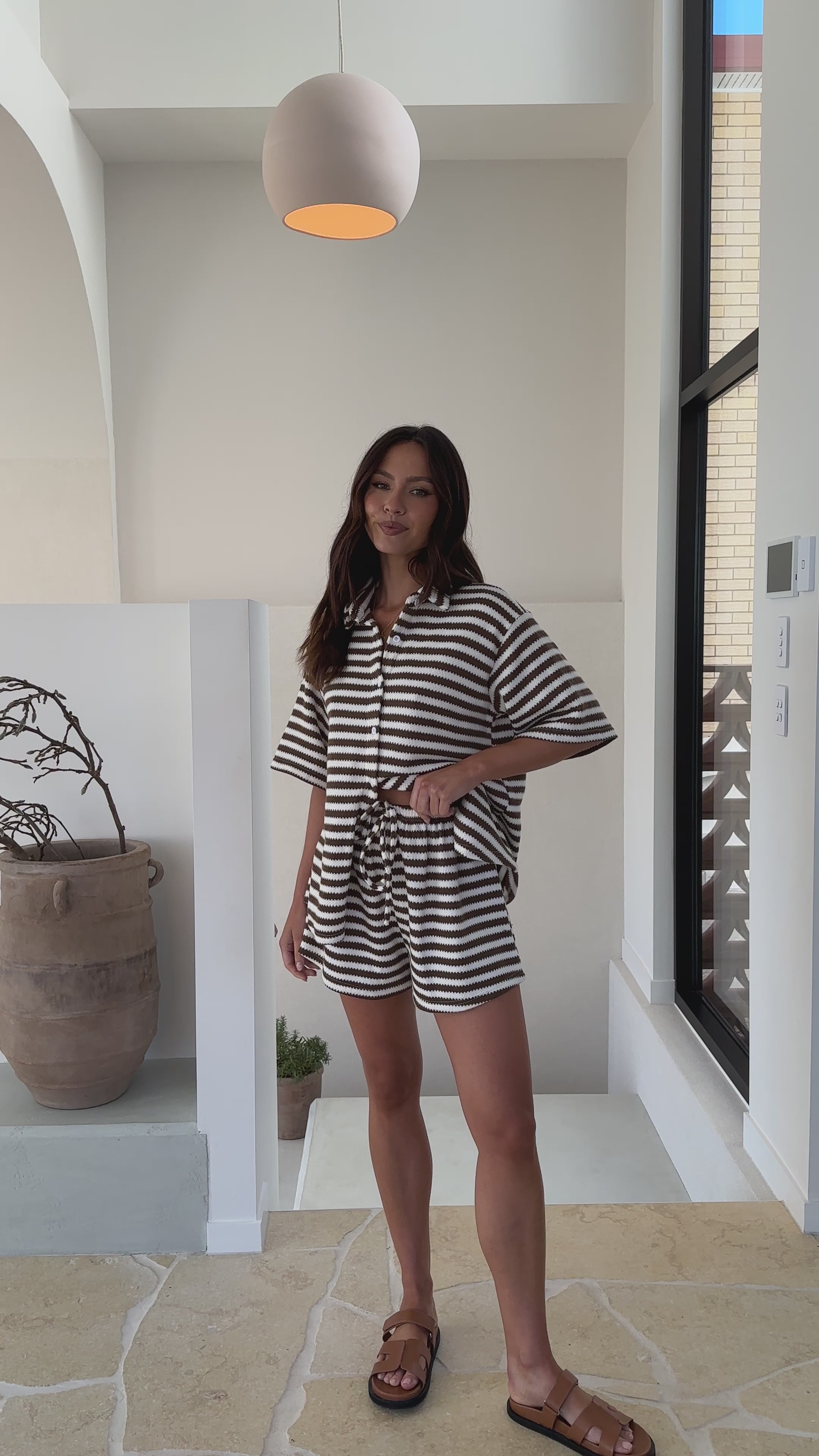 Load video: Romi Shirt and Shorts Set - Brown Stripe - Billy J