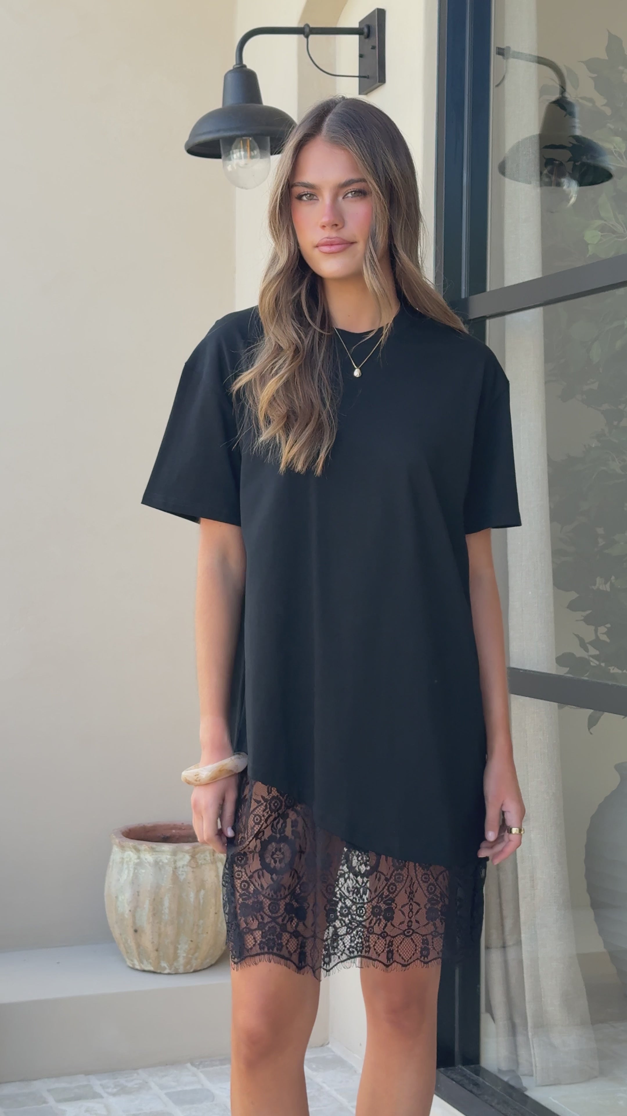 Load video: Avei Lace T-Shirt Mini Dress - Black - Billy J