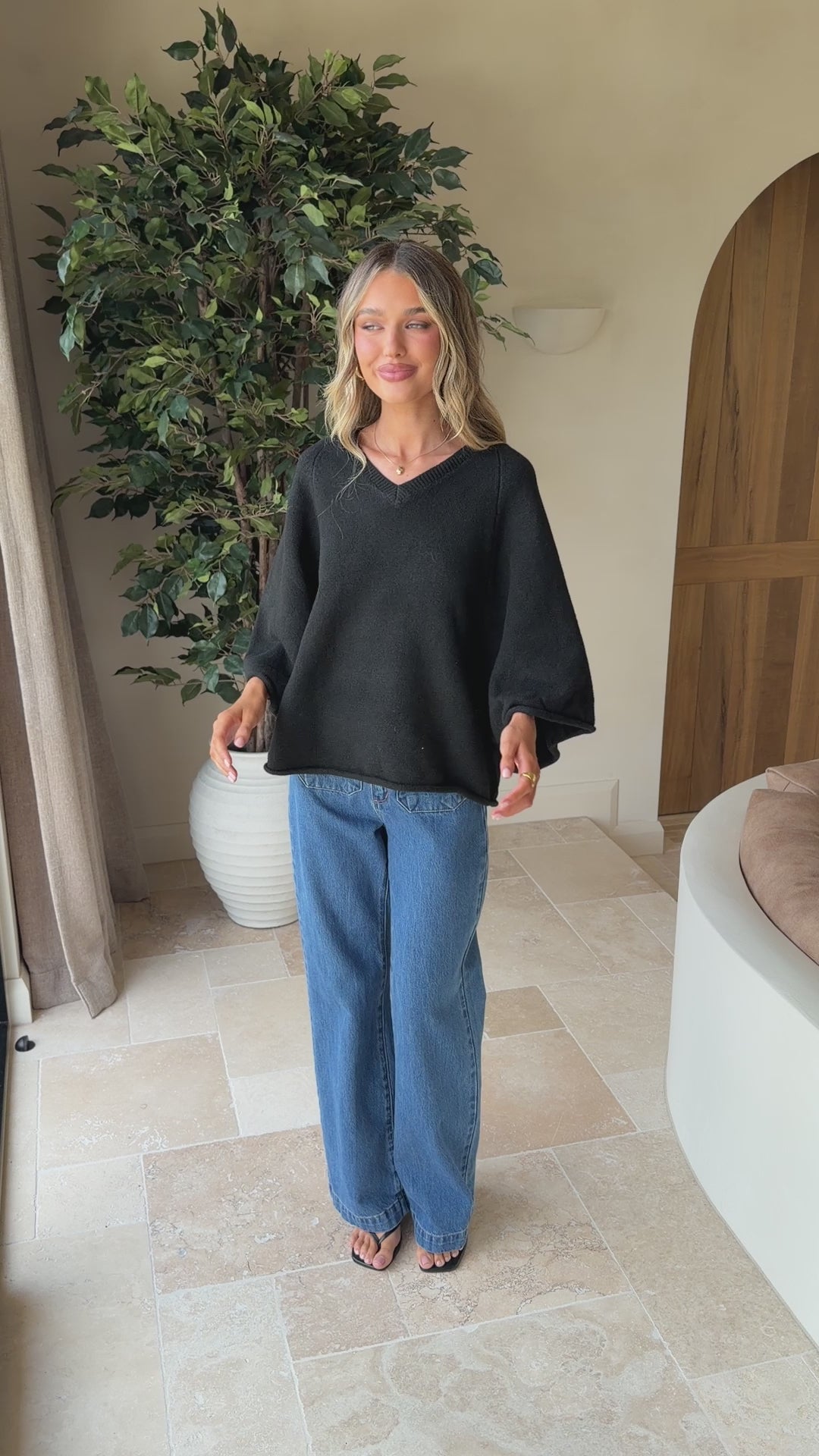 Load video: Paisley V Neck Knit - Black - Billy J