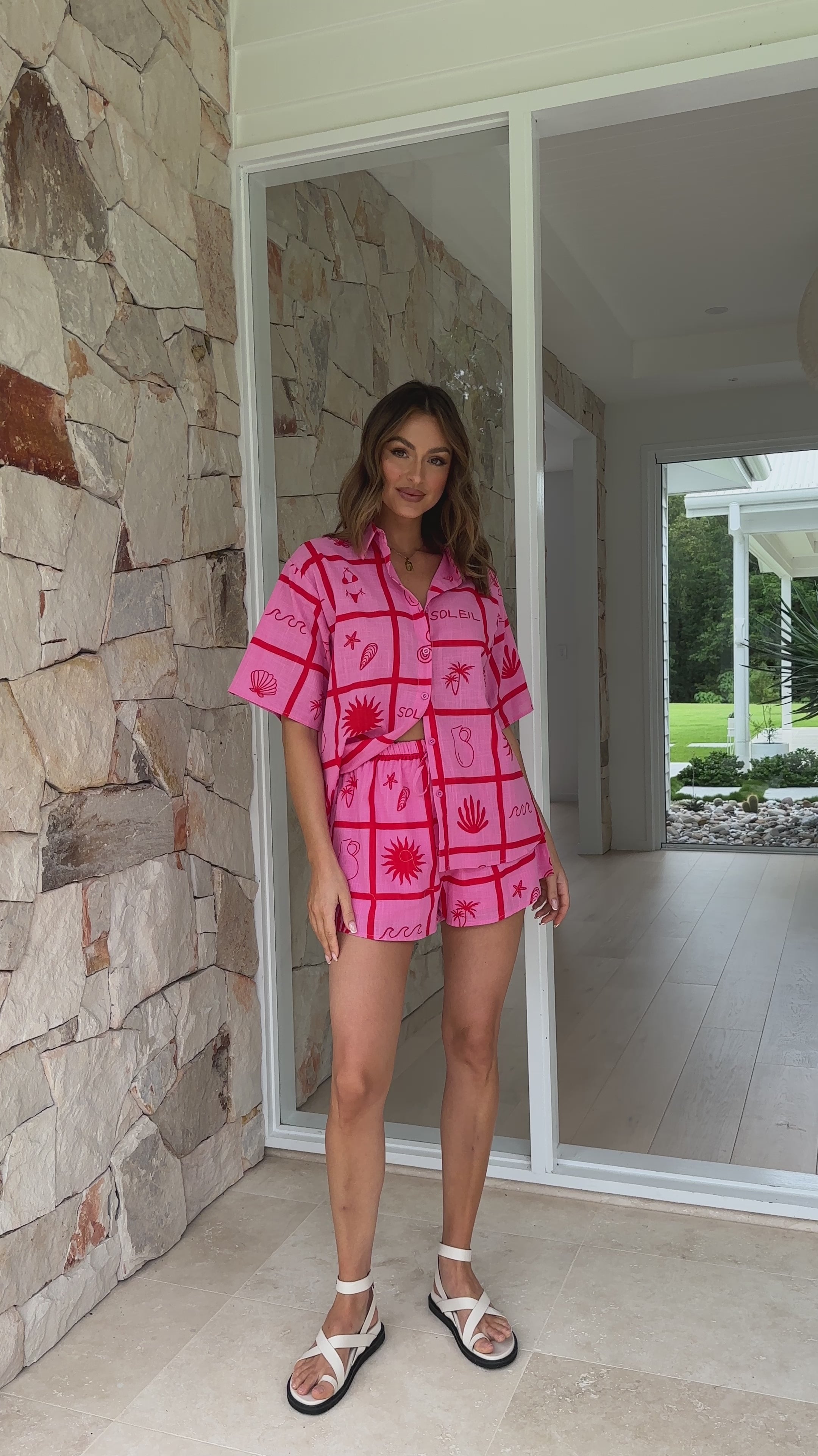 Load video: Charli Button Up Shirt and Shorts Set - Pink Soleil - Billy J