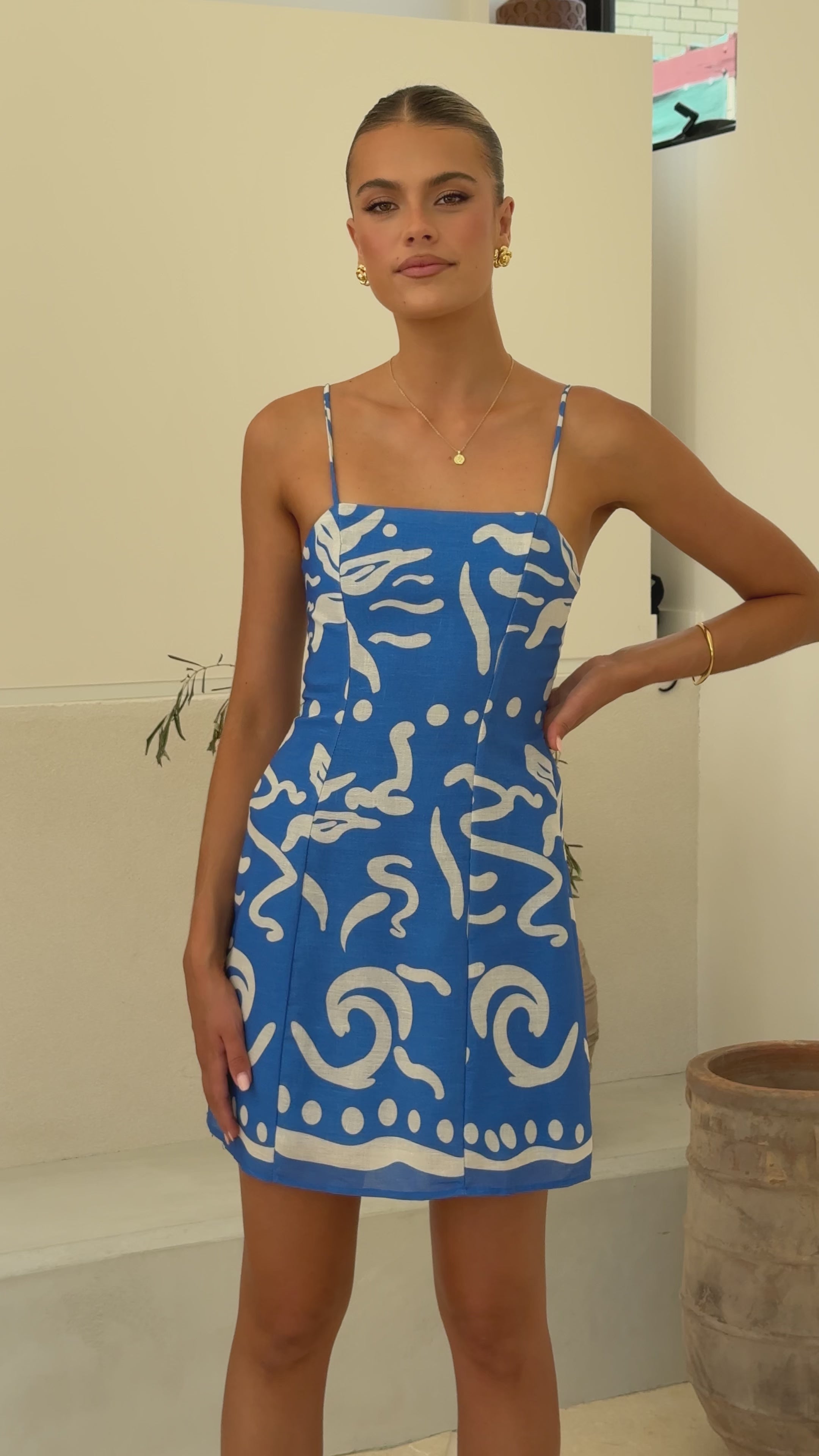Load video: Mahala Mini Dress - Blue / White - Billy J