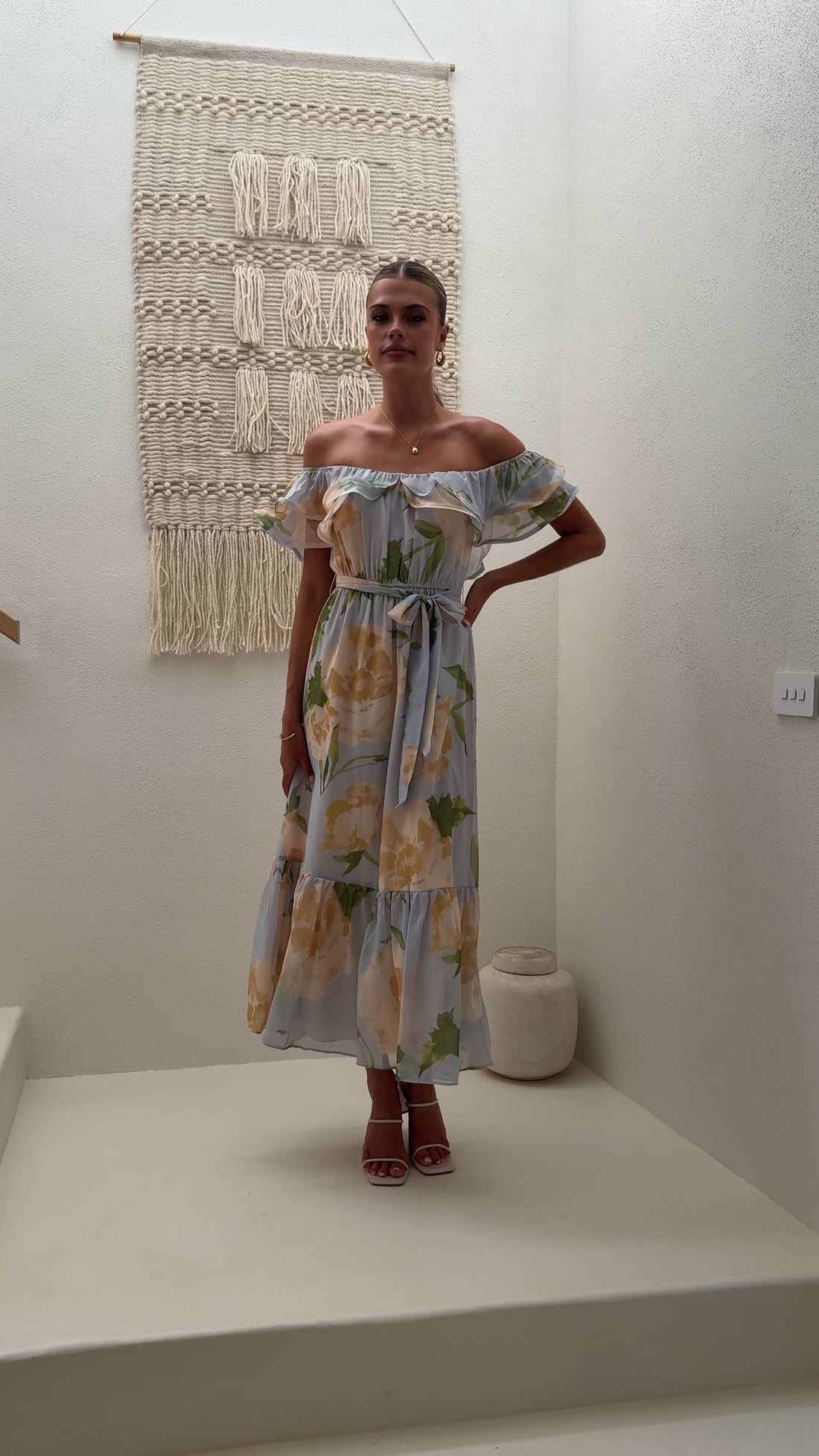 off the shoulder maxi dress floral Dewy Dreams Mesh Off-Shoulder Blue & Peach / S * Convertible neckline Catchy off-the-shoulder blue hydrangea Maxi
