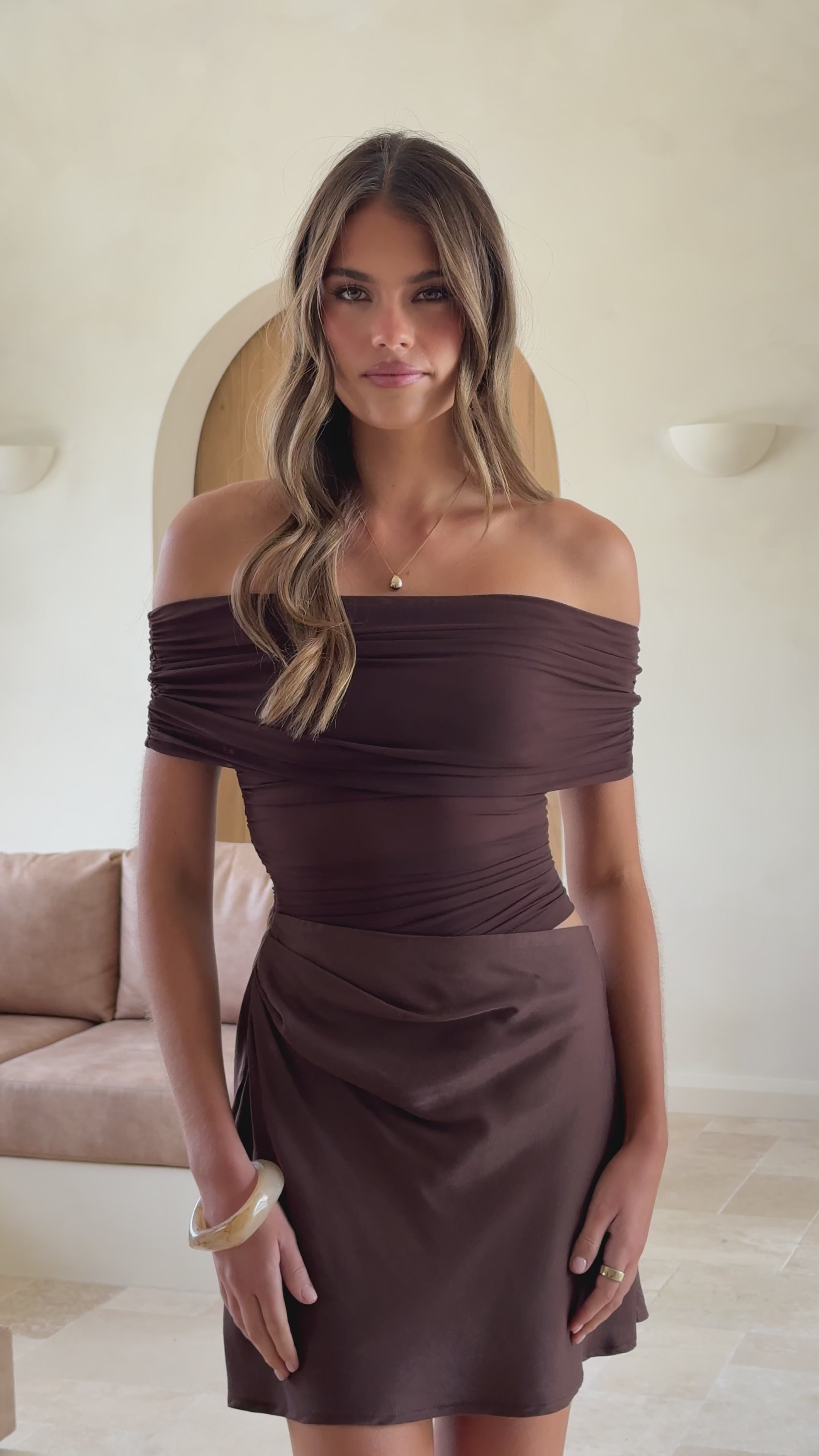 Load video: Daena Off Shoulder Mini Dress - Chocolate - Billy J