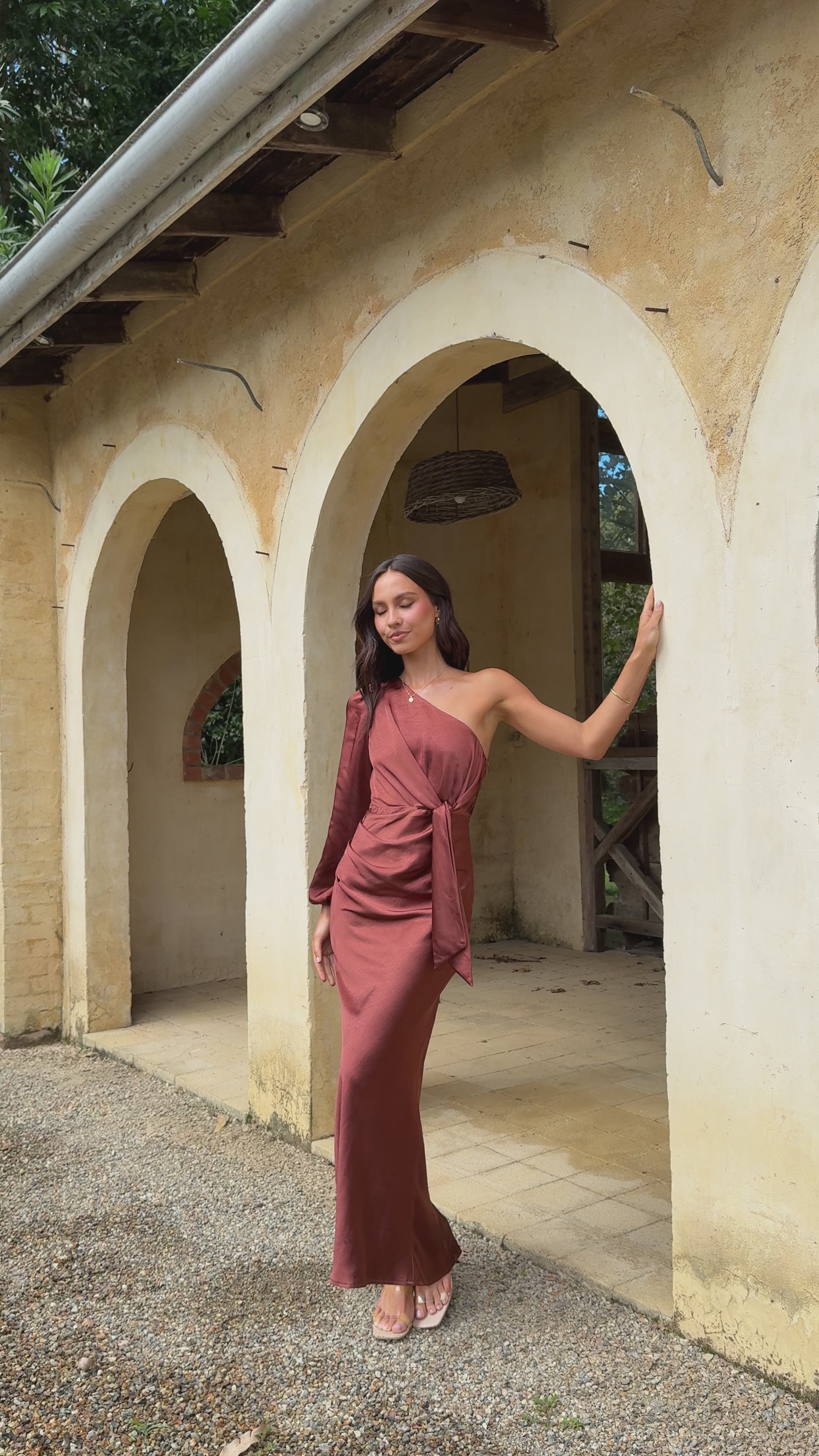 Load video: Eden One Shoulder Tie Front Maxi Dress - Rust - Billy J