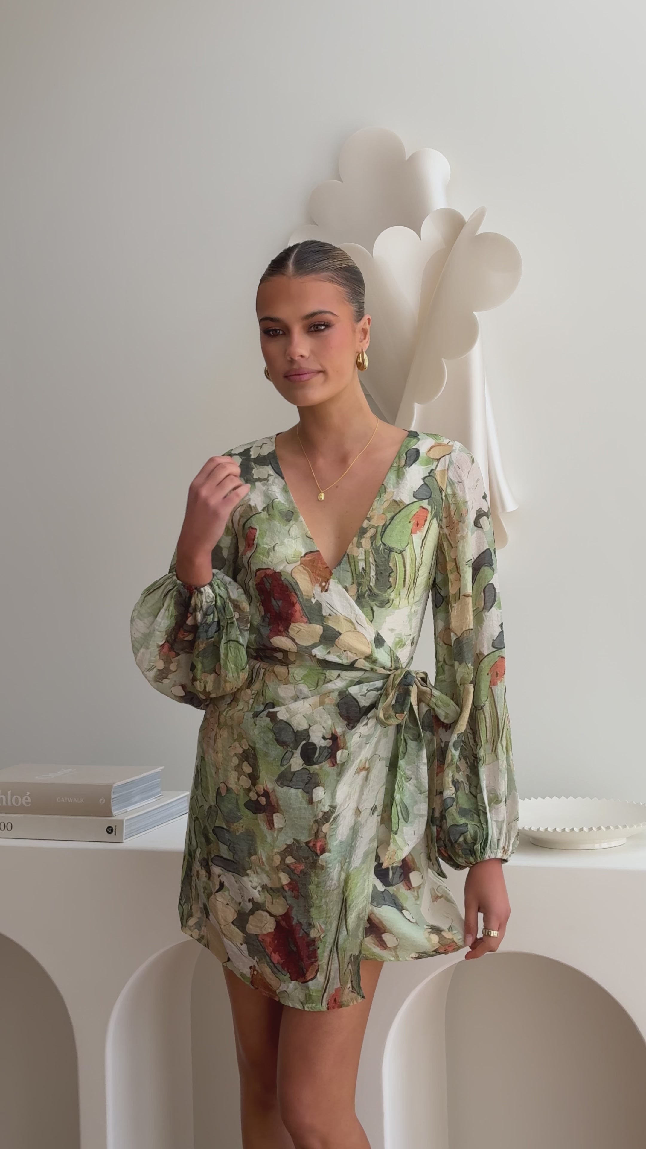 Load video: Jemma Long Sleeve Mini Dress - Green Abstract - Billy J