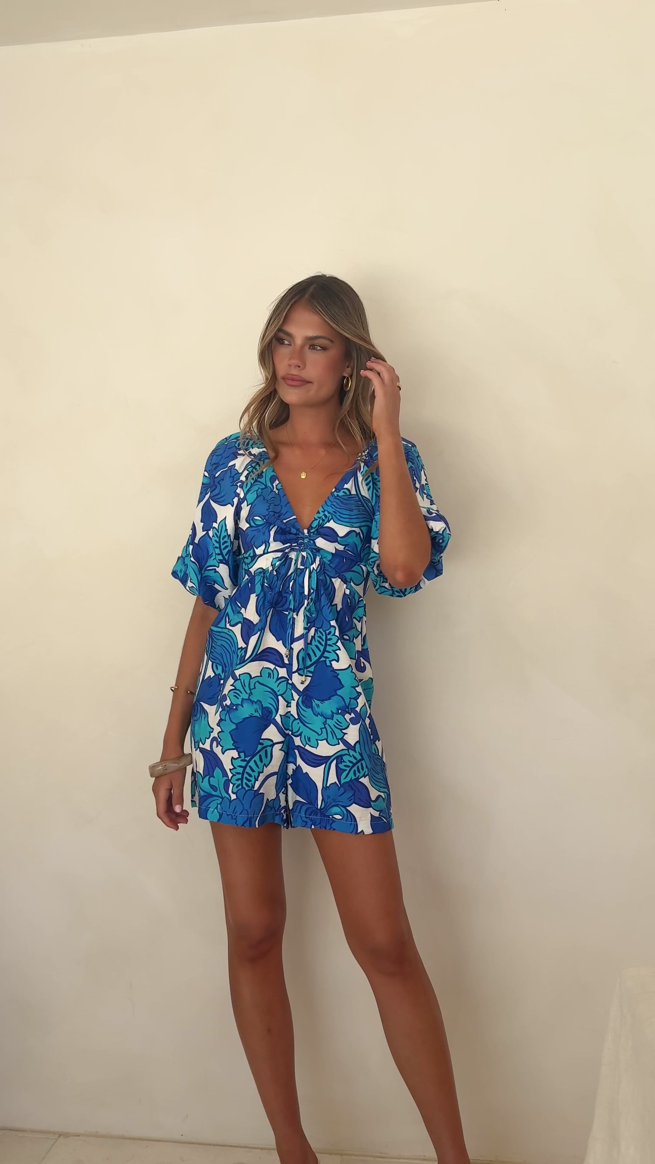 Load video: Janiya Puff Sleeve Playsuit - Blue / White Floral - Billy J