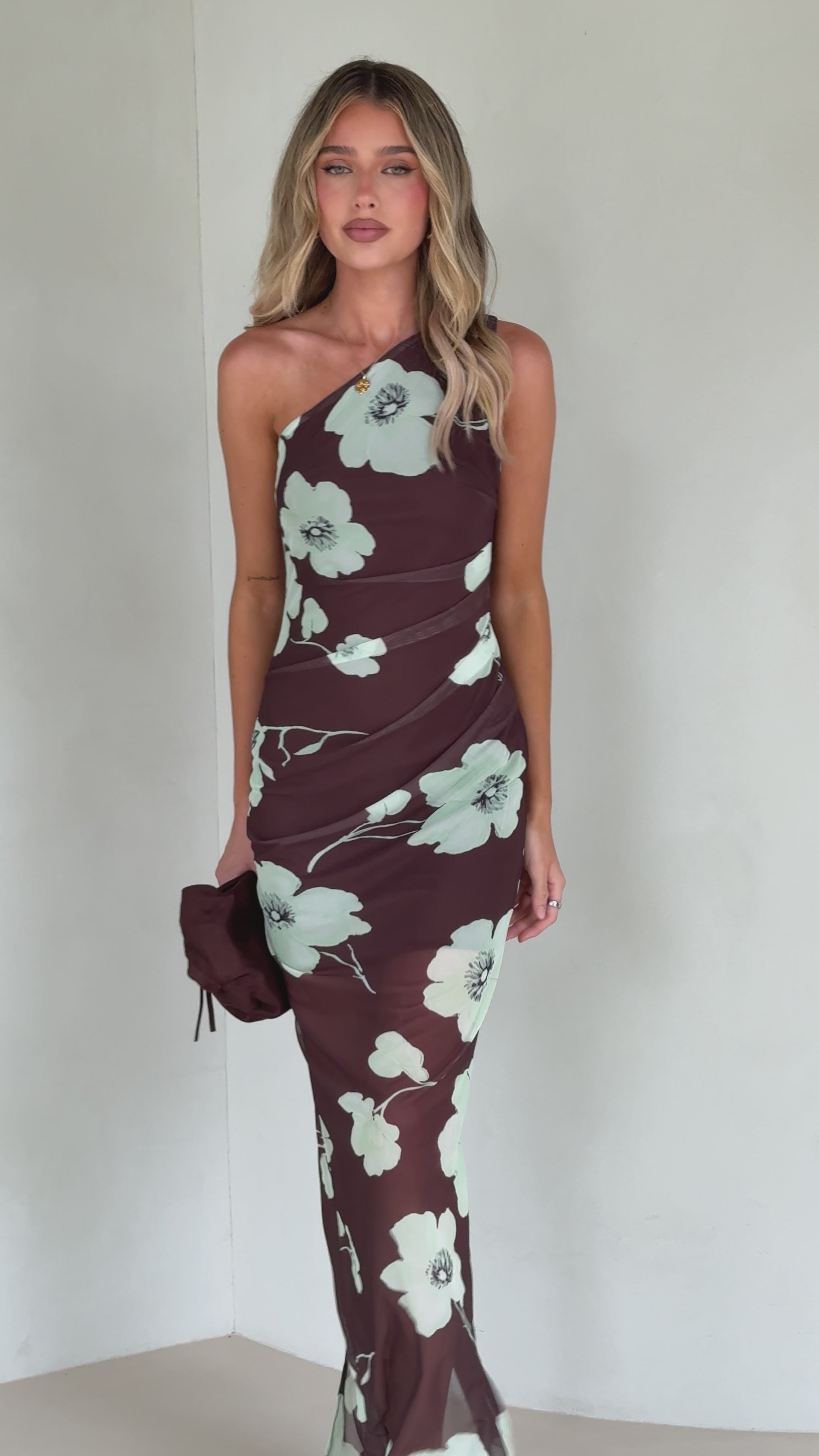 Load video: Cataleya Sheer Maxi Dress - Mocha Blossom - Billy J