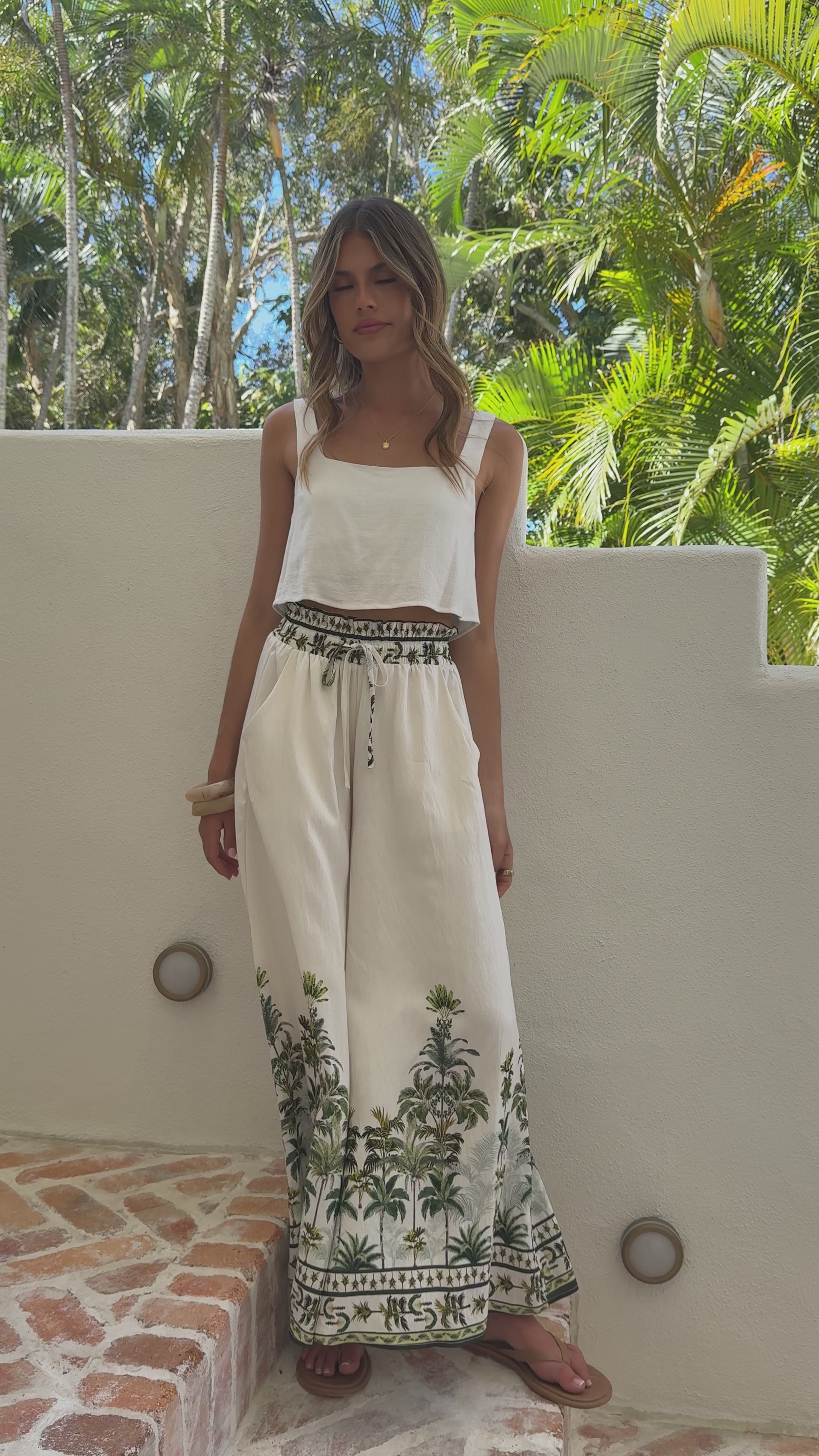 Load video: Avery Wide Leg Pants - Palm Garden - Billy J