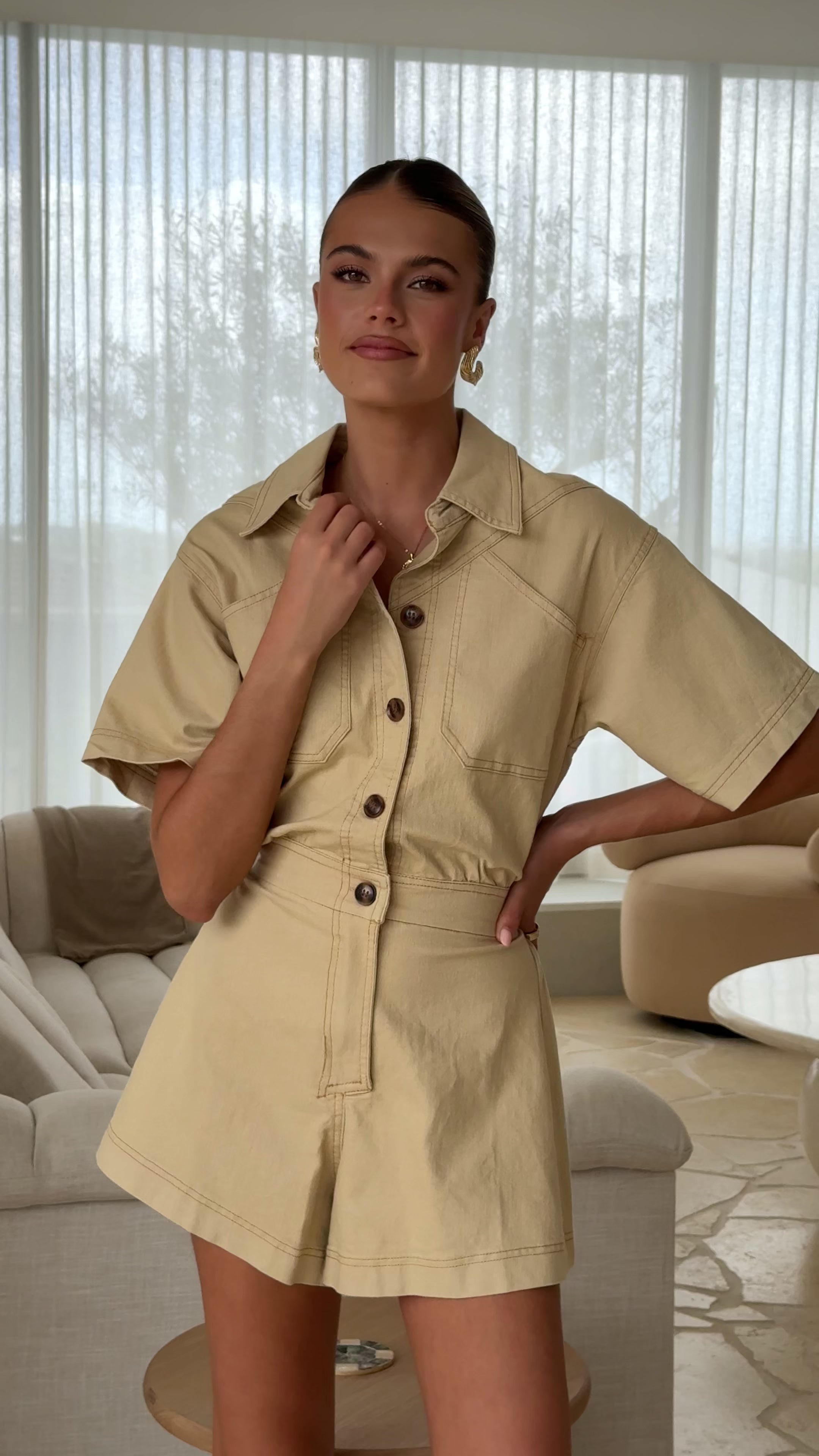 Load video: Nella Playsuit - Beige Denim - Billy J