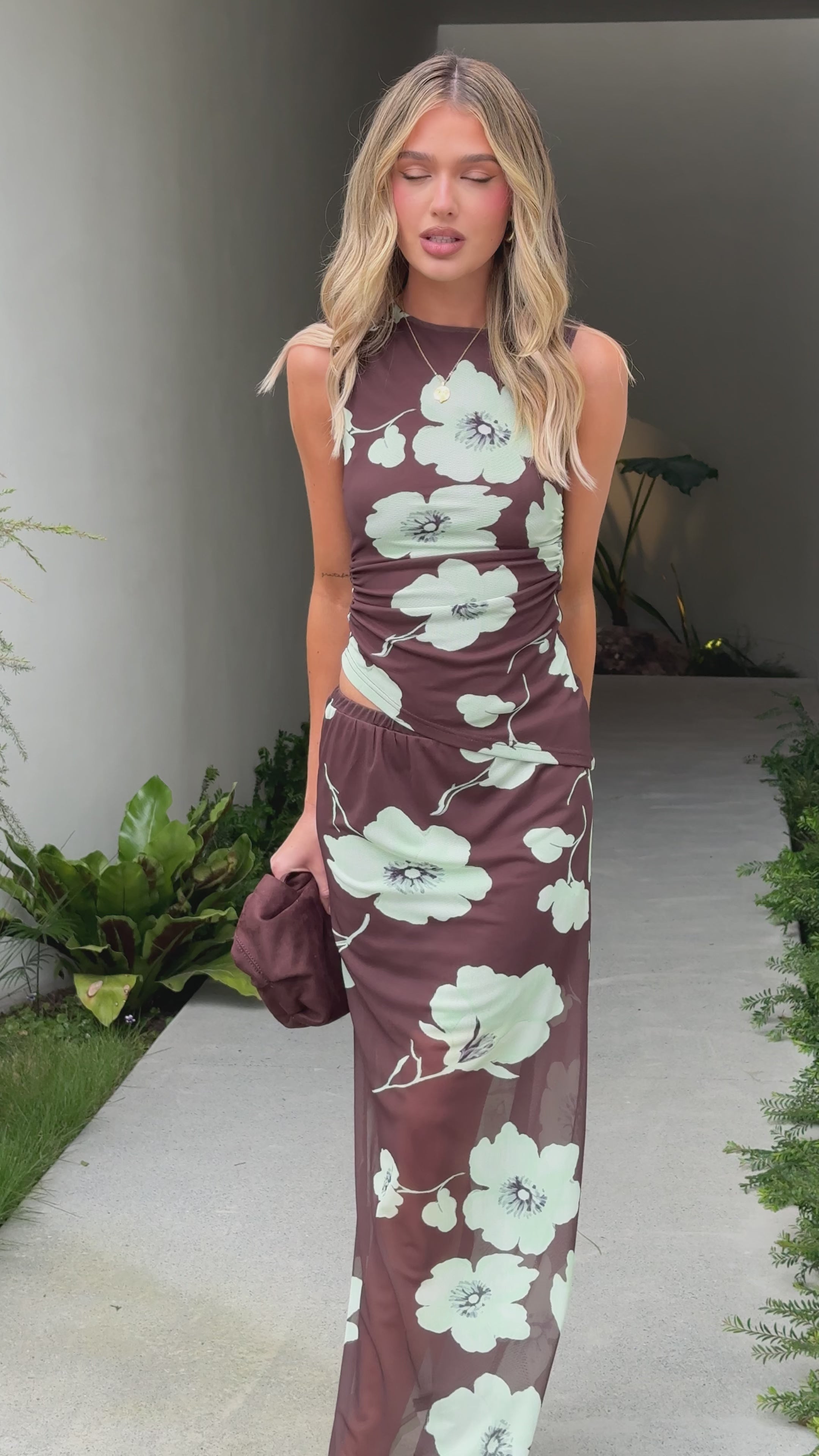 Load video: Onella Sheer Maxi Skirt - Mocha Blossom - Billy J