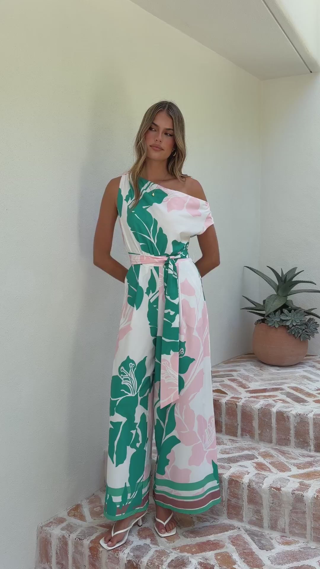 Load video: Oasis One Shoulder Jumpsuit - Pink/Green - Billy J