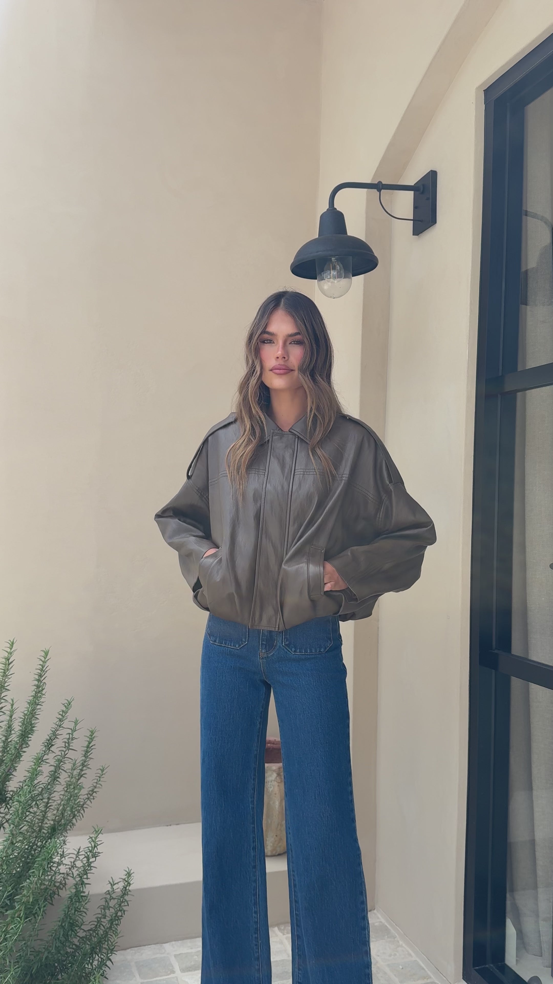 Load video: Leela Vegan Leather Bomber Jacket - Brown - Billy J