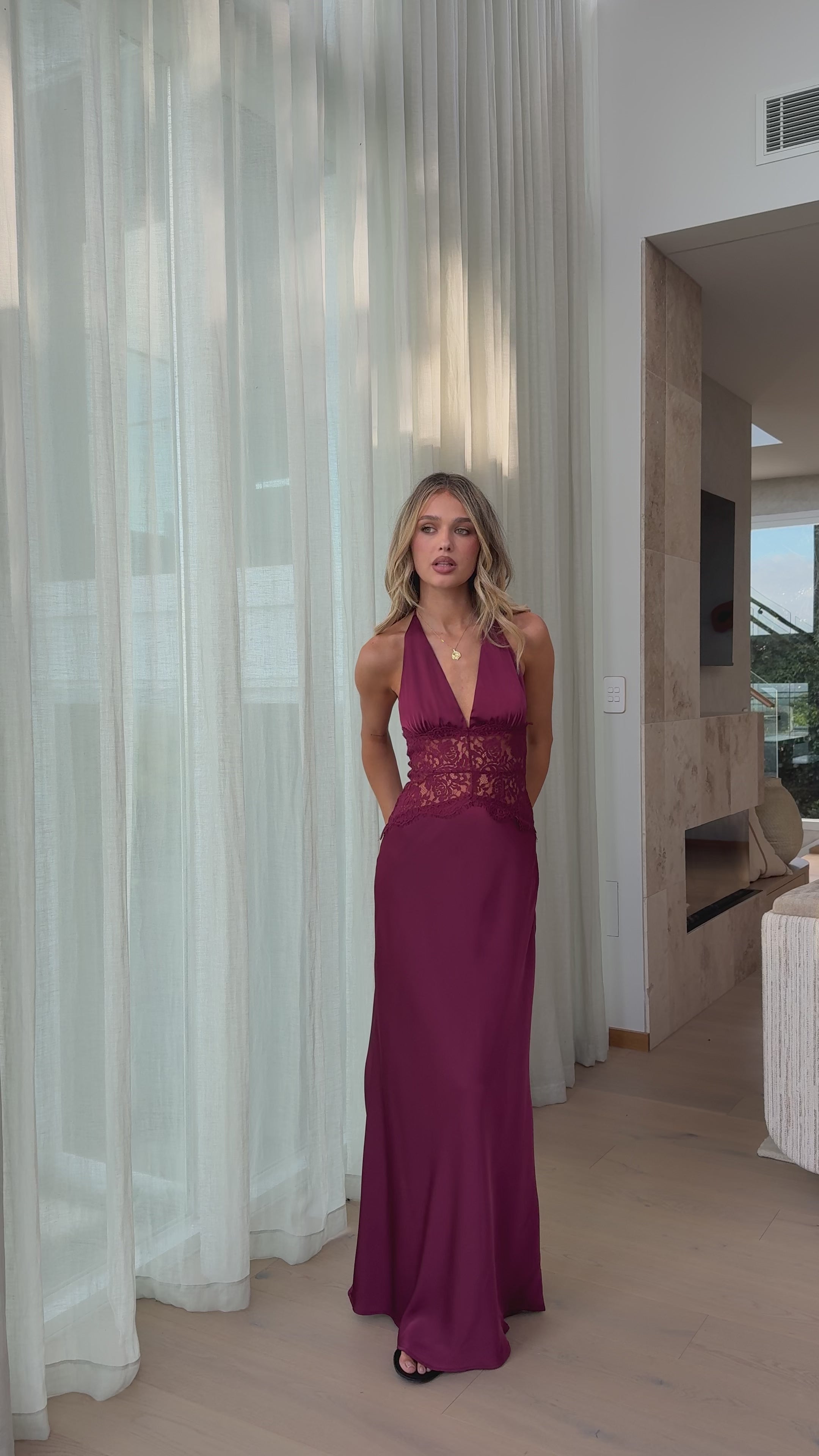 Load video: Celia Lace Maxi Dress - Wine - Billy J