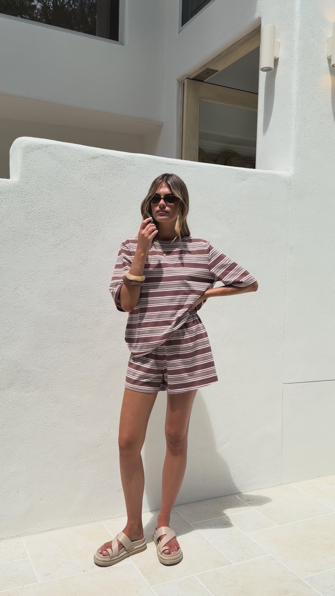 Load video: Stevie Crew Neck Tee - Chocolate / Beige Stripe - Billy J